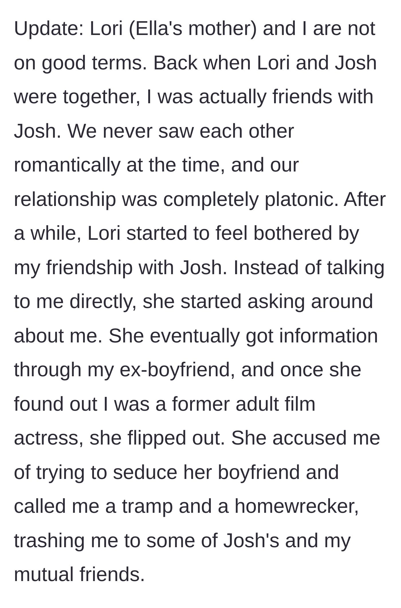 Story part 11 - The update explains the history with the bio mom, Lori, who previously shamed the author for her past in adult films.