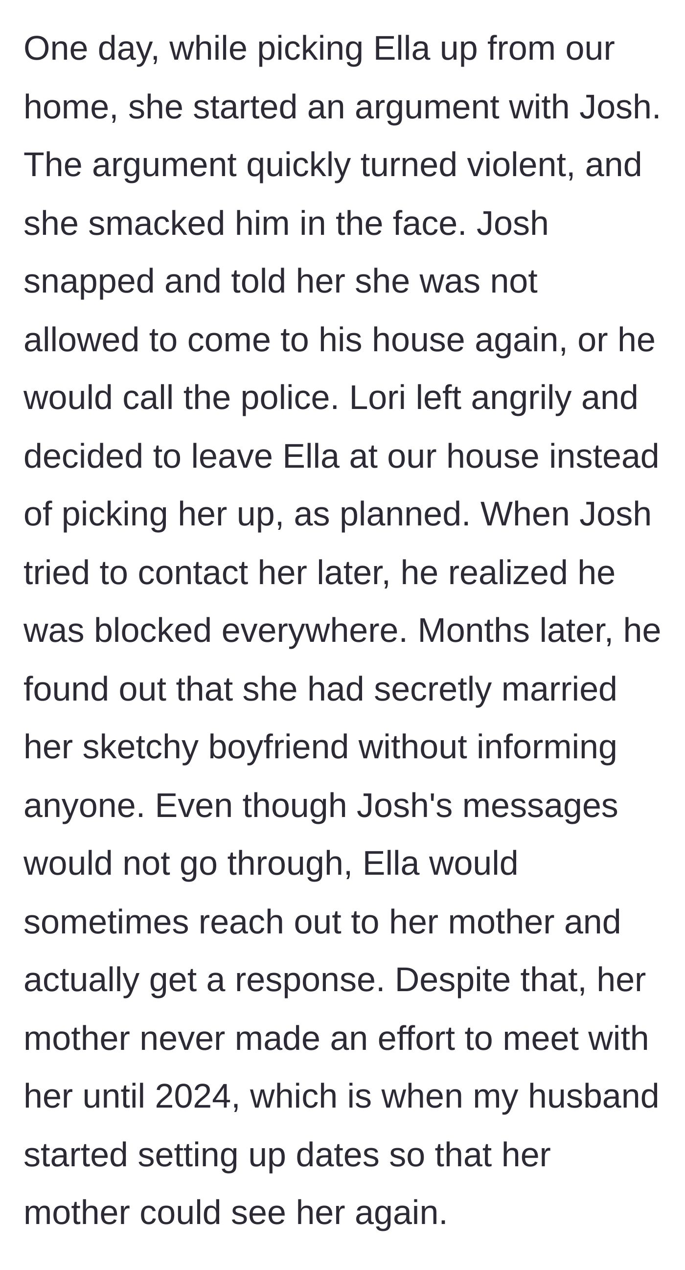 Story part 14 - Lori assaults the father, abandons the daughter again, and secretly marries her sketchy boyfriend.