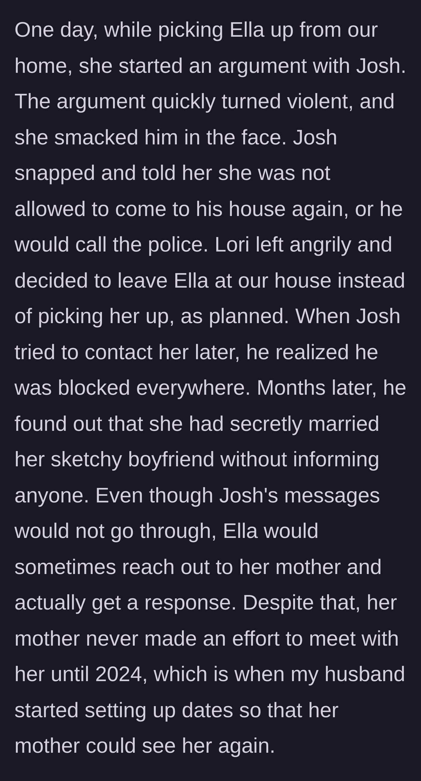 Story part 14 - Lori assaults the father, abandons the daughter again, and secretly marries her sketchy boyfriend.
