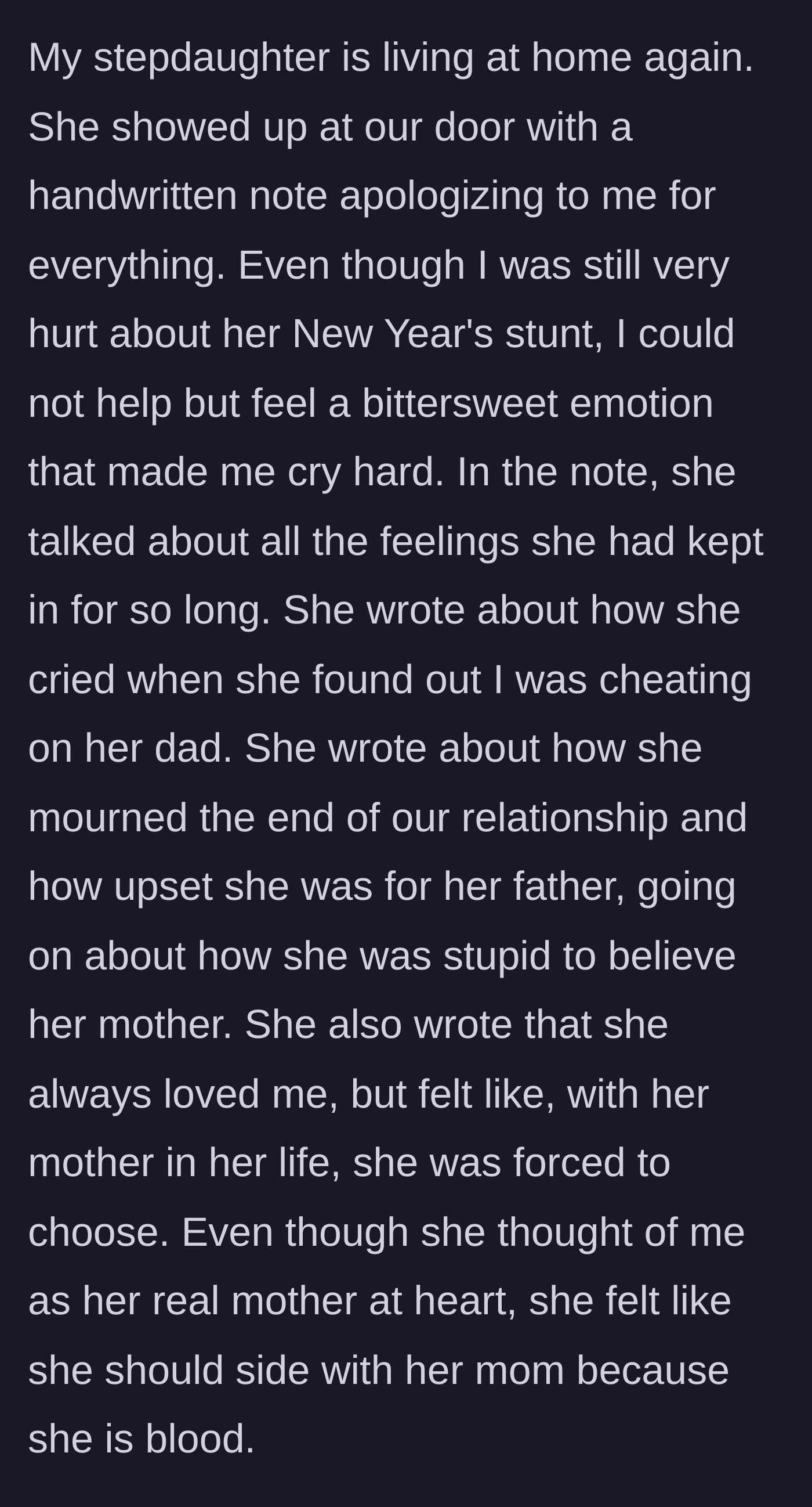 Story part 16 - The stepdaughter returns with a heartfelt, handwritten note expressing her torn loyalties and deep regret.