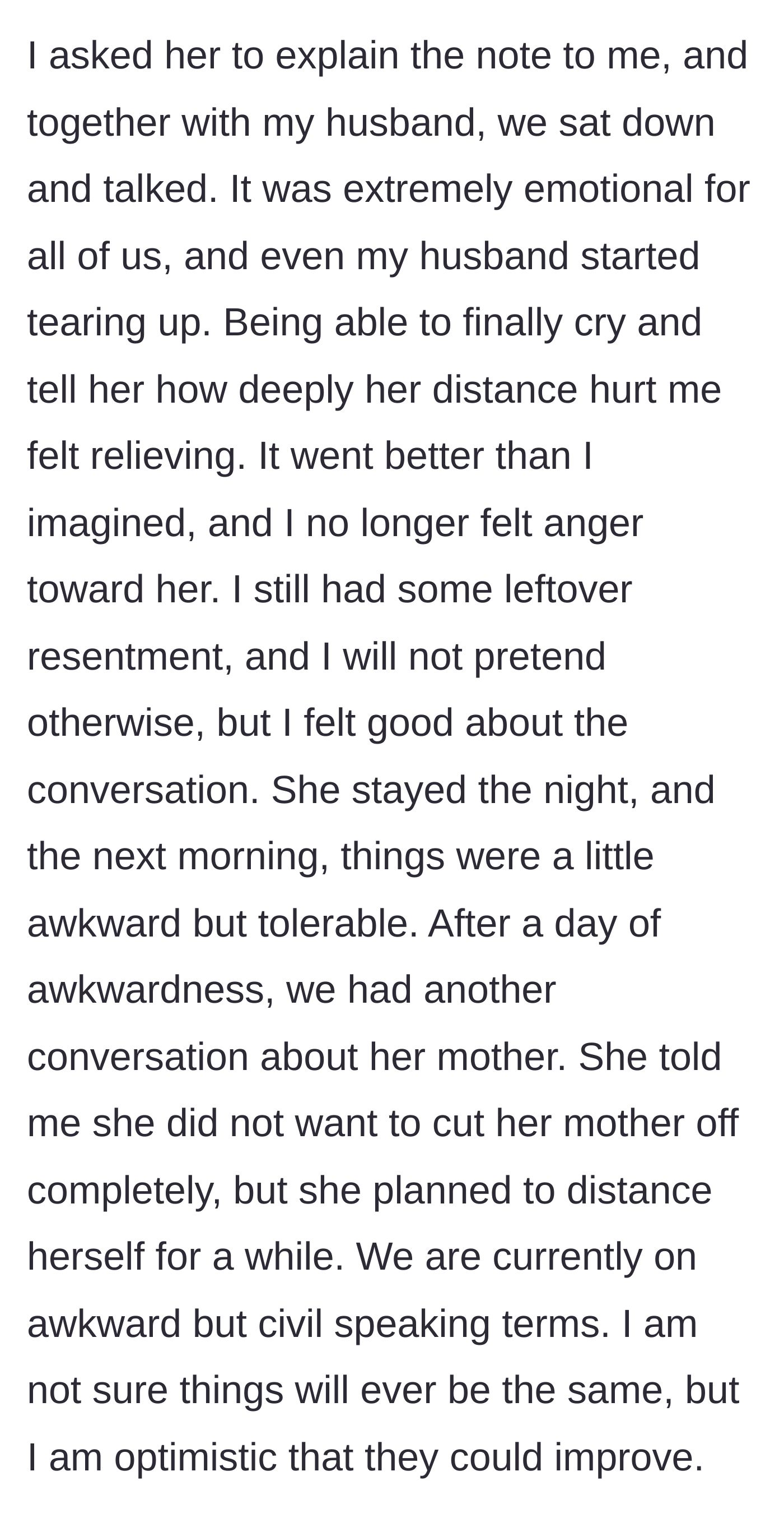 Story part 17 - A tearful family discussion leads to reconciliation, with the stepdaughter deciding to distance herself from her bio mom.