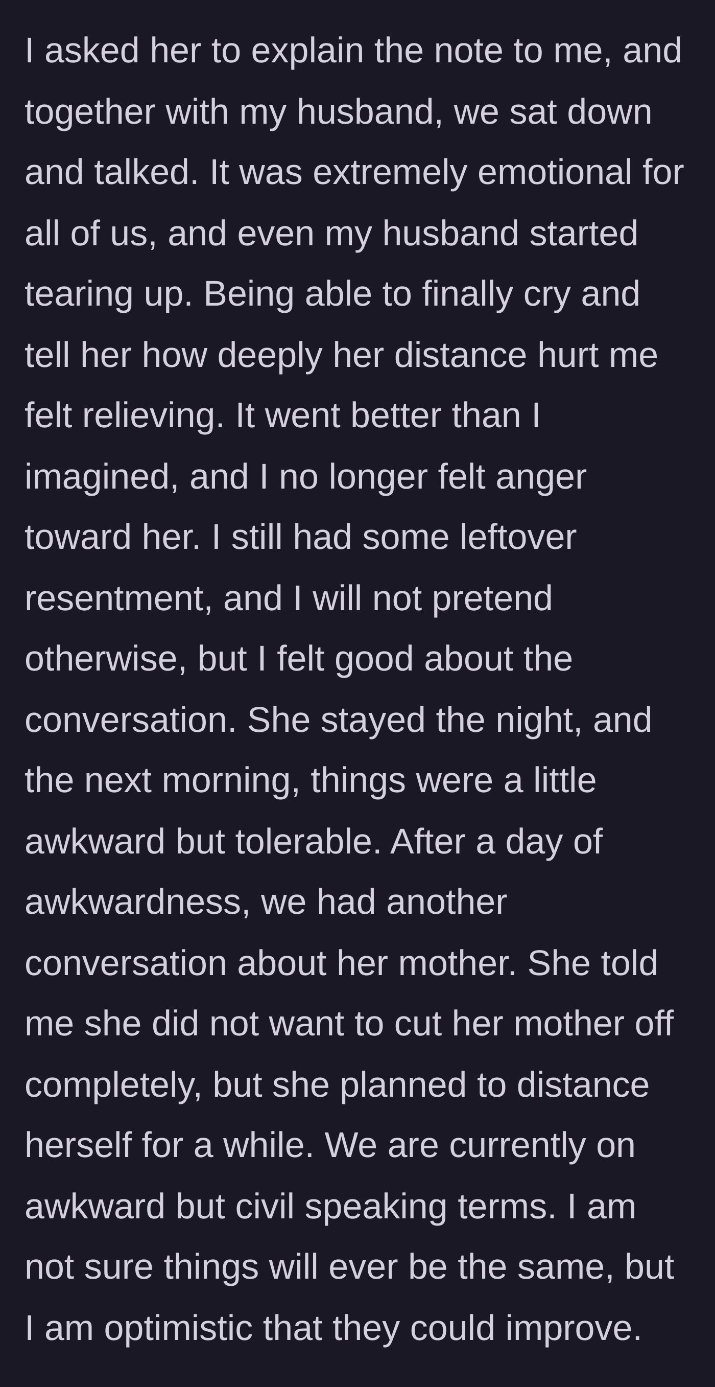 Story part 17 - A tearful family discussion leads to reconciliation, with the stepdaughter deciding to distance herself from her bio mom.