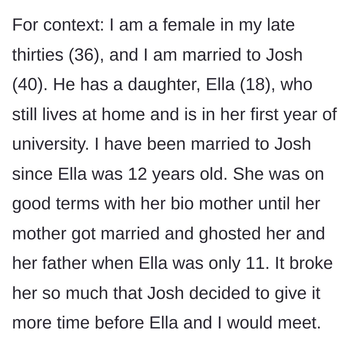 Story part 1 - A brief background on a stepmother stepping in after a biological mother abandons her 11-year-old daughter.