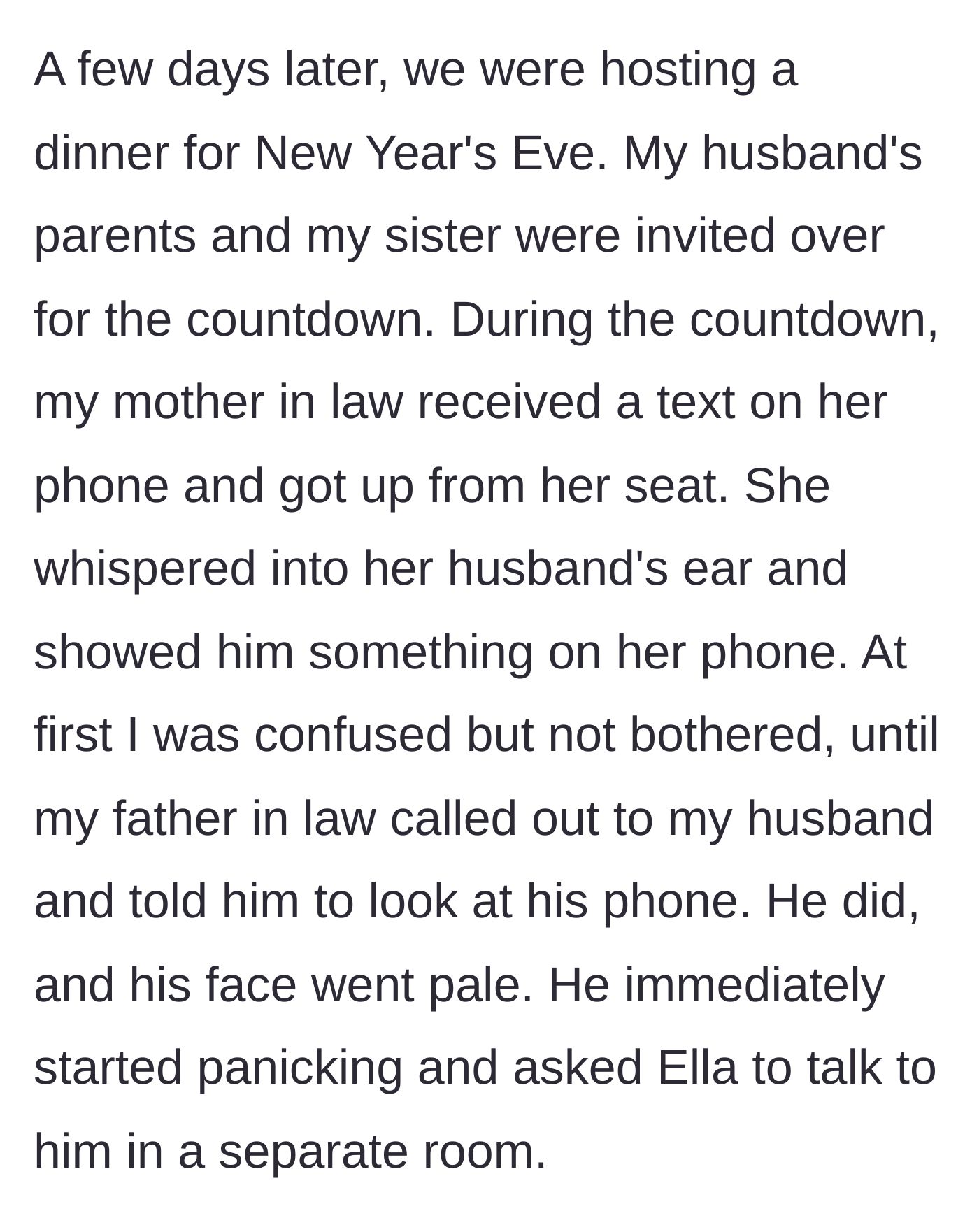 Story part 5 - During a New Year's Eve dinner, the in-laws receive a mysterious text that makes the husband panic.