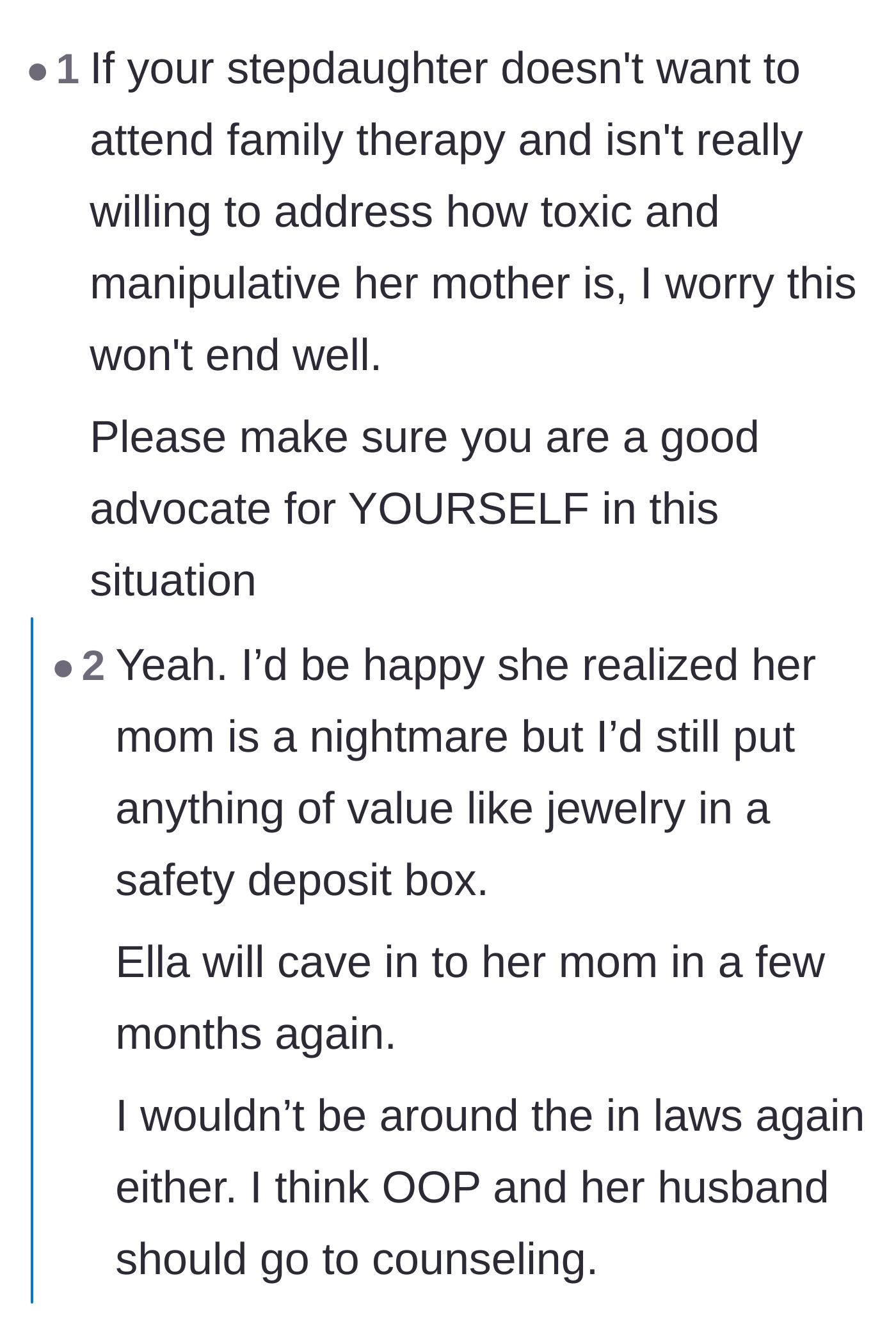 Comment thread 1 - Readers expressing concern over the lack of mandated family therapy and the lingering threat of the biological mother.