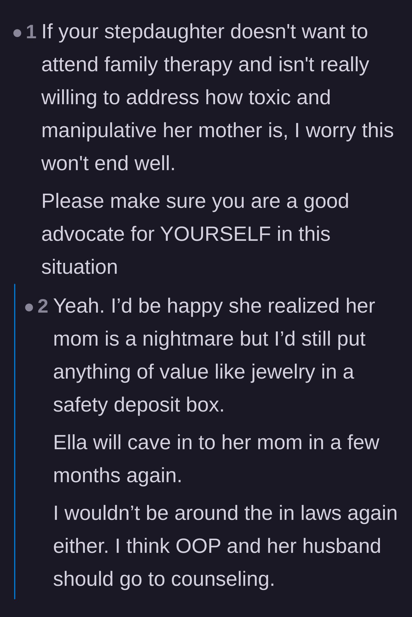 Comment thread 1 - Readers expressing concern over the lack of mandated family therapy and the lingering threat of the biological mother.