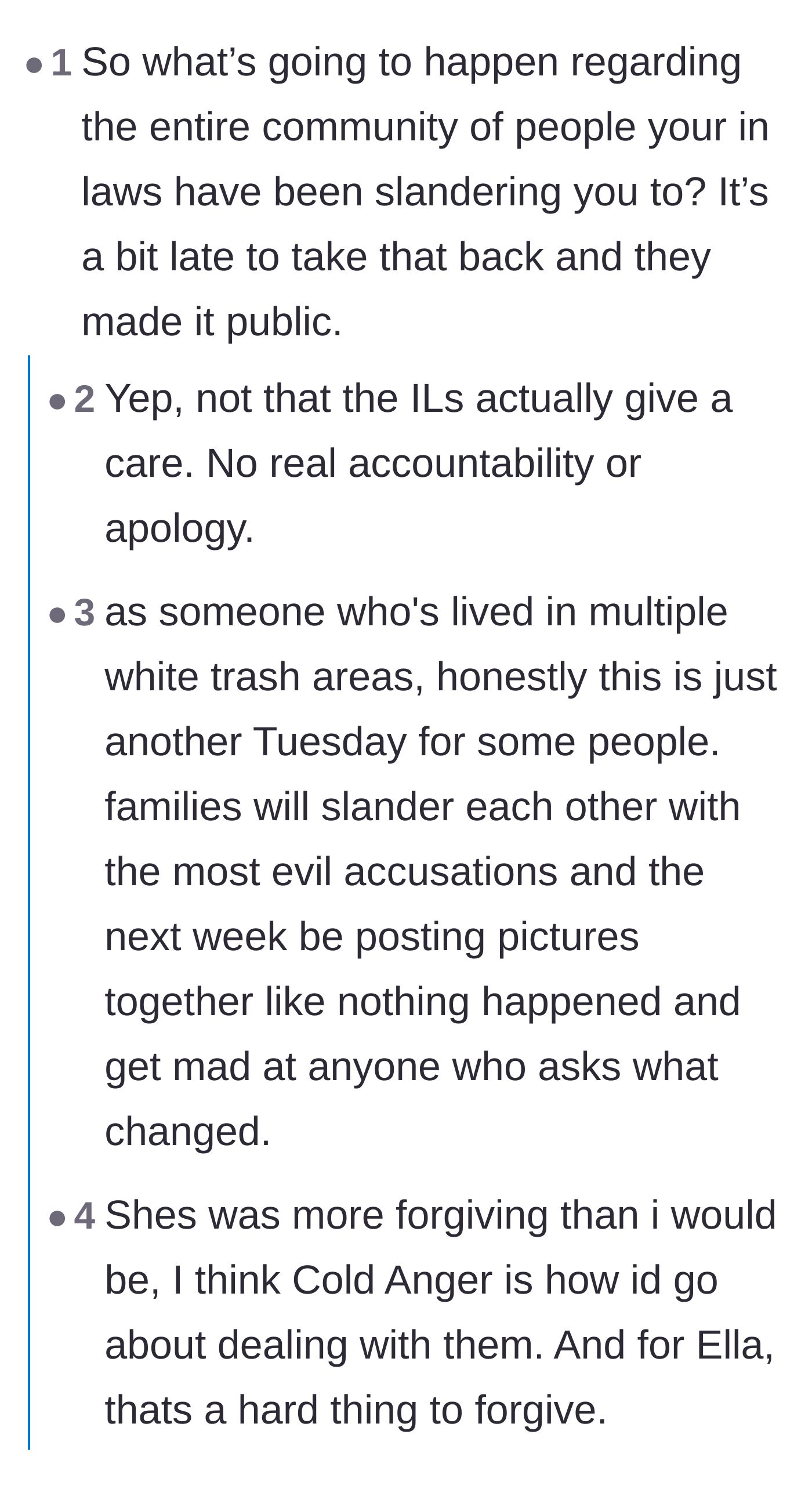 Comment thread 2 - A discussion about the in-laws publicly slandering the stepmother and avoiding true accountability.