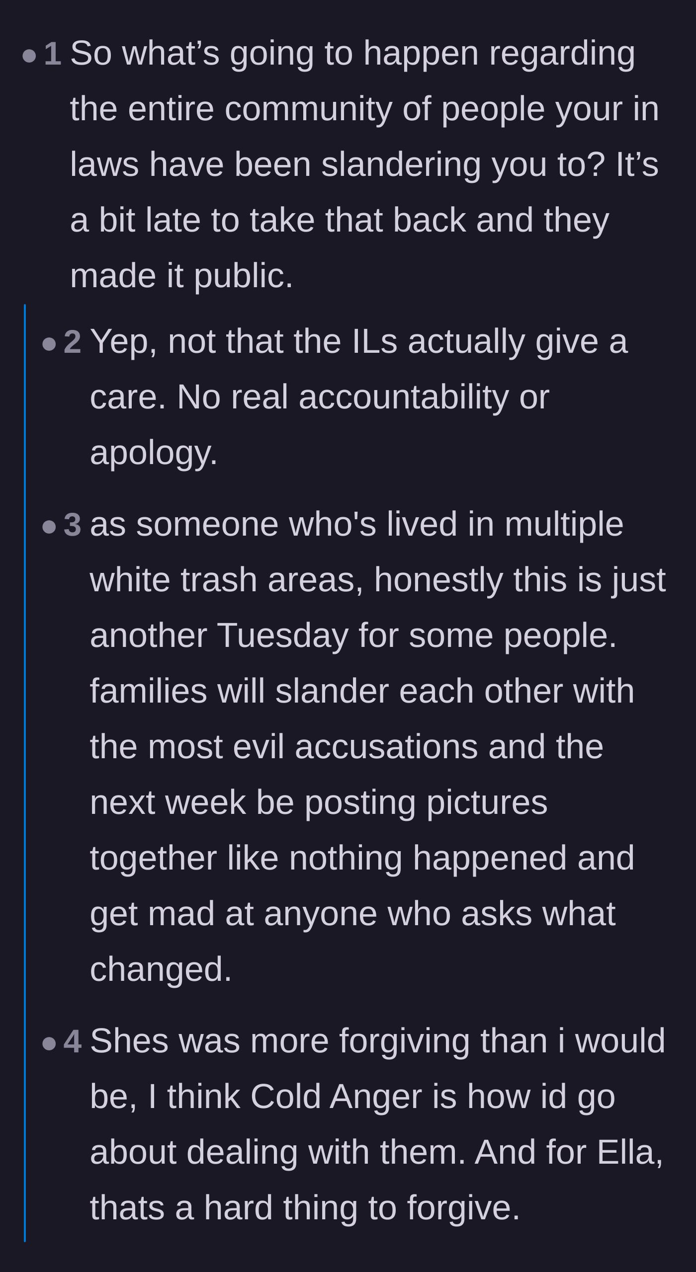 Comment thread 2 - A discussion about the in-laws publicly slandering the stepmother and avoiding true accountability.