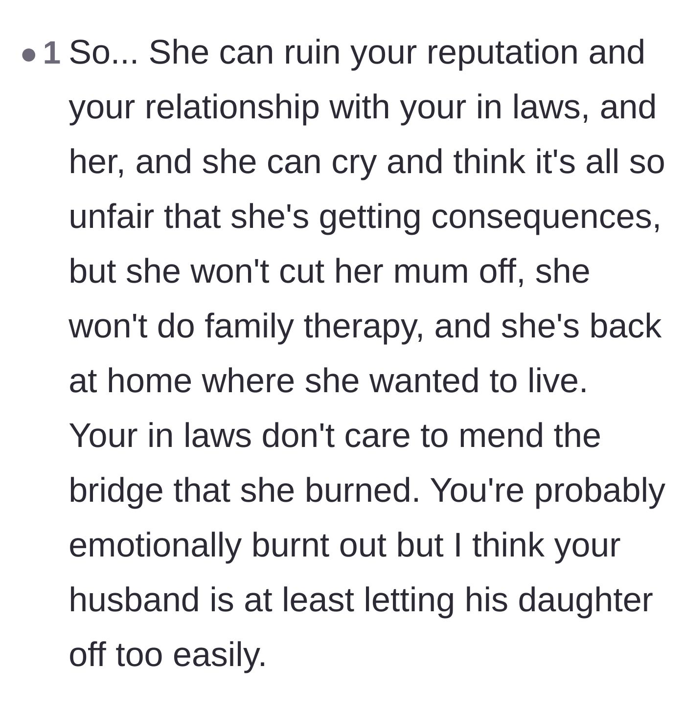 Comment thread 3 - Criticism that the stepdaughter faced no real consequences despite causing massive relational destruction.