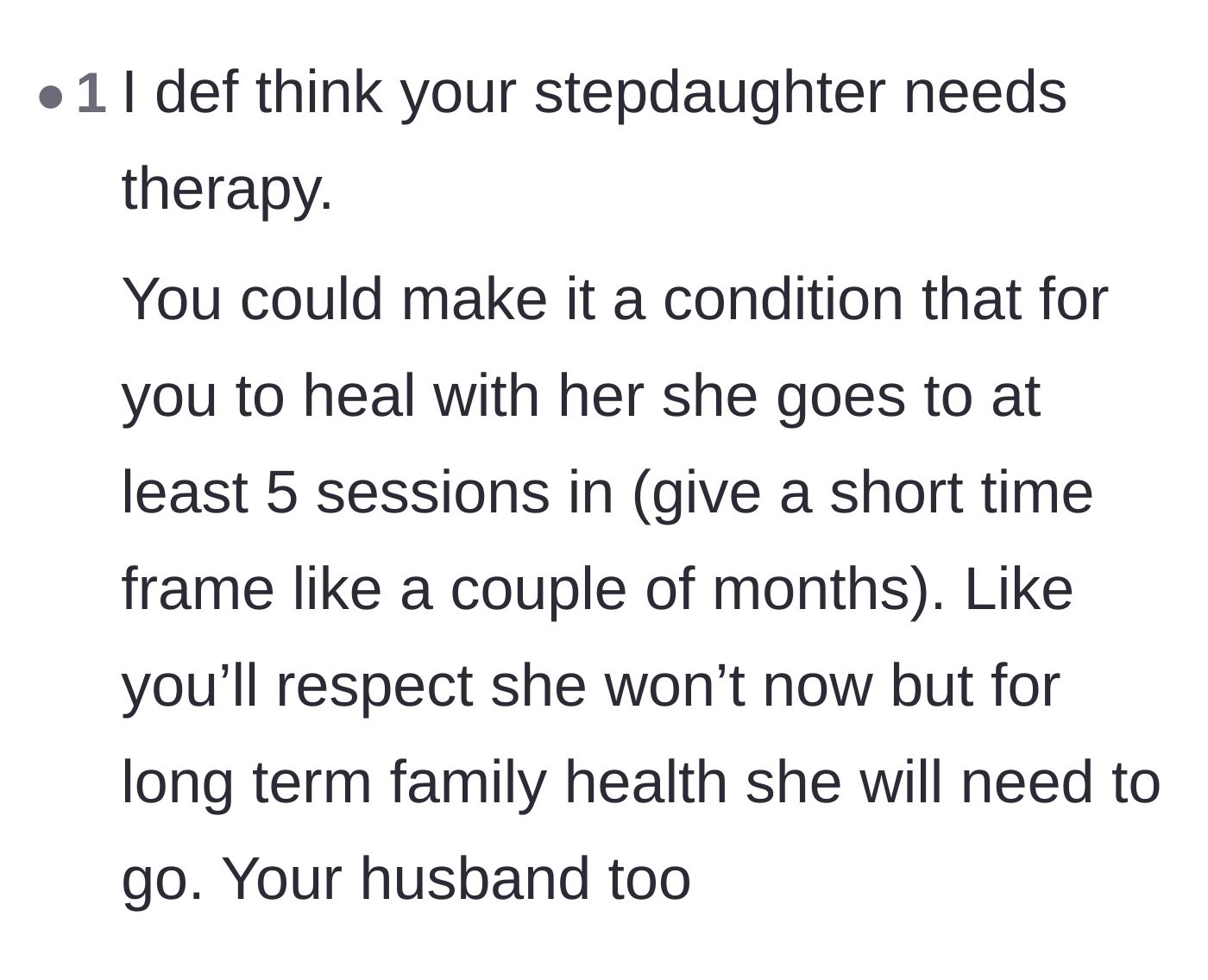Comment thread 4 - Advice urging the stepmother to set a strict timeline for the stepdaughter to attend therapy.
