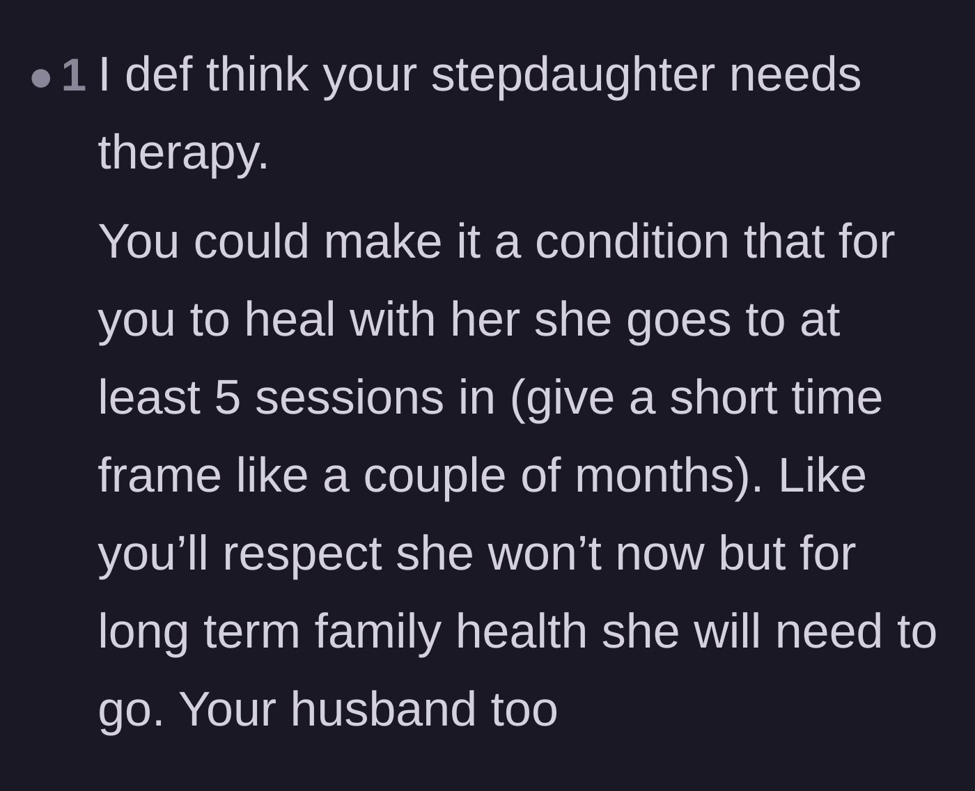 Comment thread 4 - Advice urging the stepmother to set a strict timeline for the stepdaughter to attend therapy.
