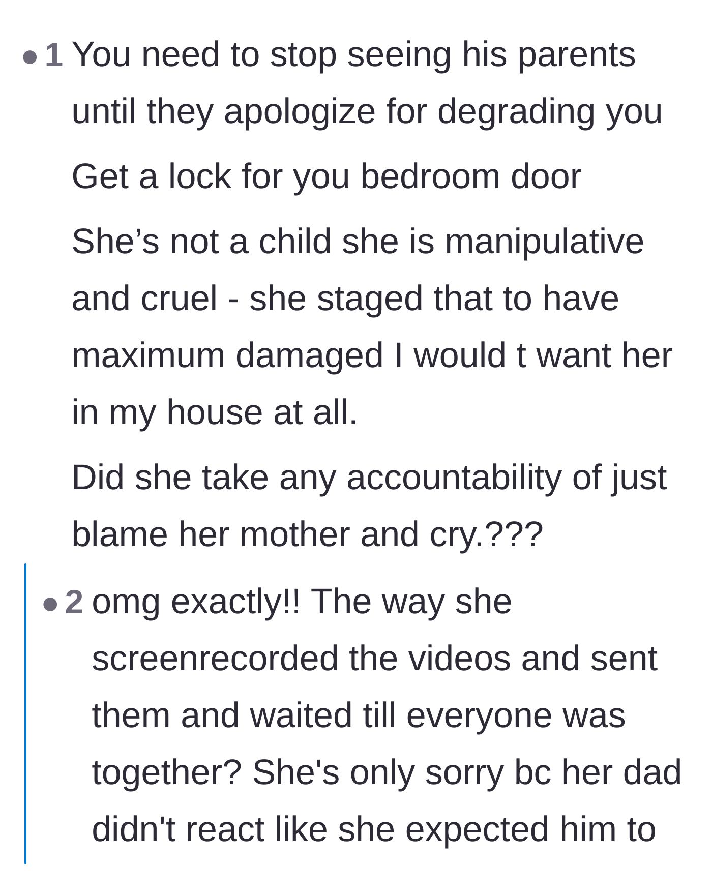 Comment thread 6 - Pointing out the stepdaughter's calculated cruelty in timing the reveal and suggesting she is only sorry her plan failed.