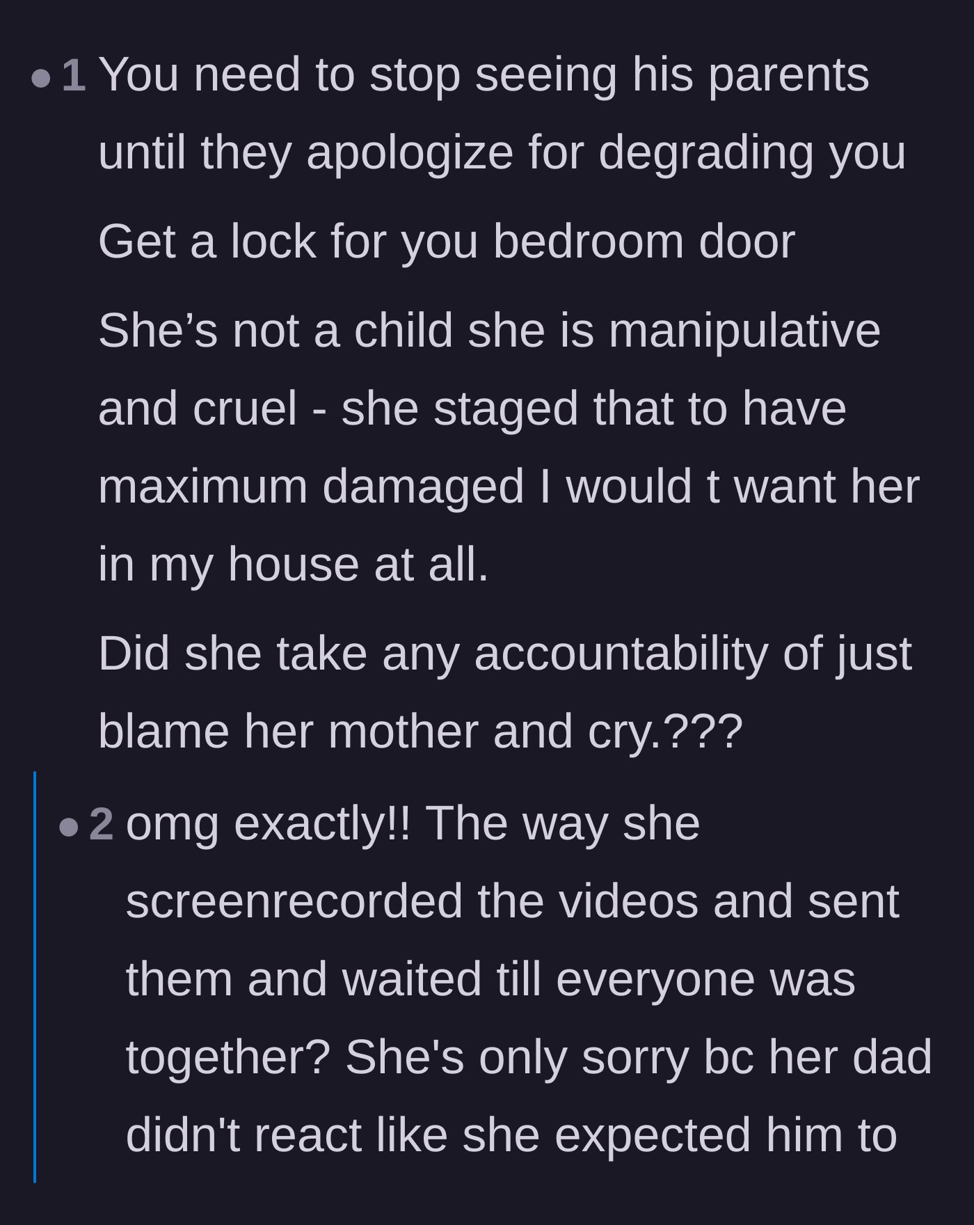 Comment thread 6 - Pointing out the stepdaughter's calculated cruelty in timing the reveal and suggesting she is only sorry her plan failed.