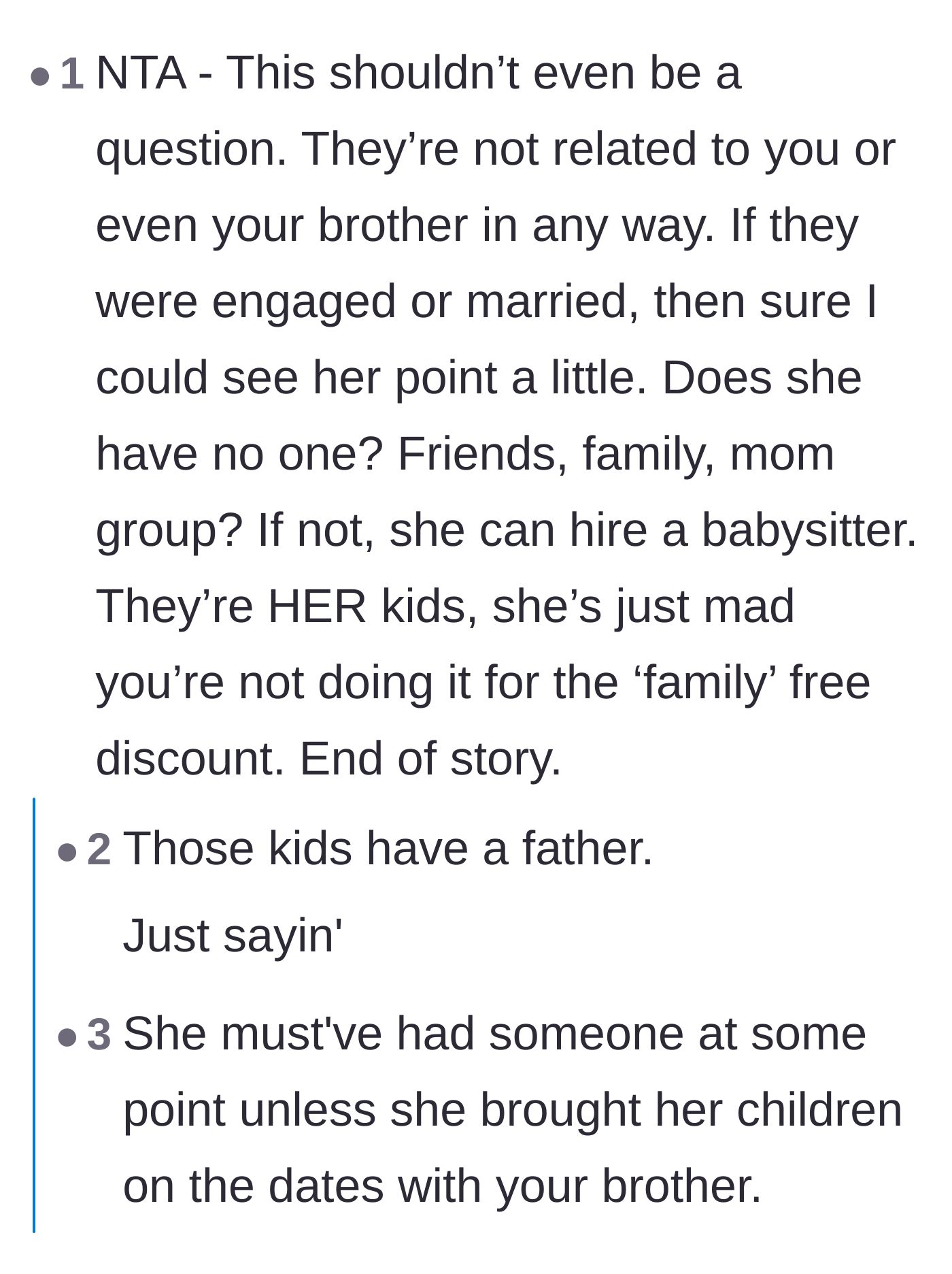 Comment thread 2 - Readers calling out the girlfriend for just wanting free childcare instead of using her own support system.