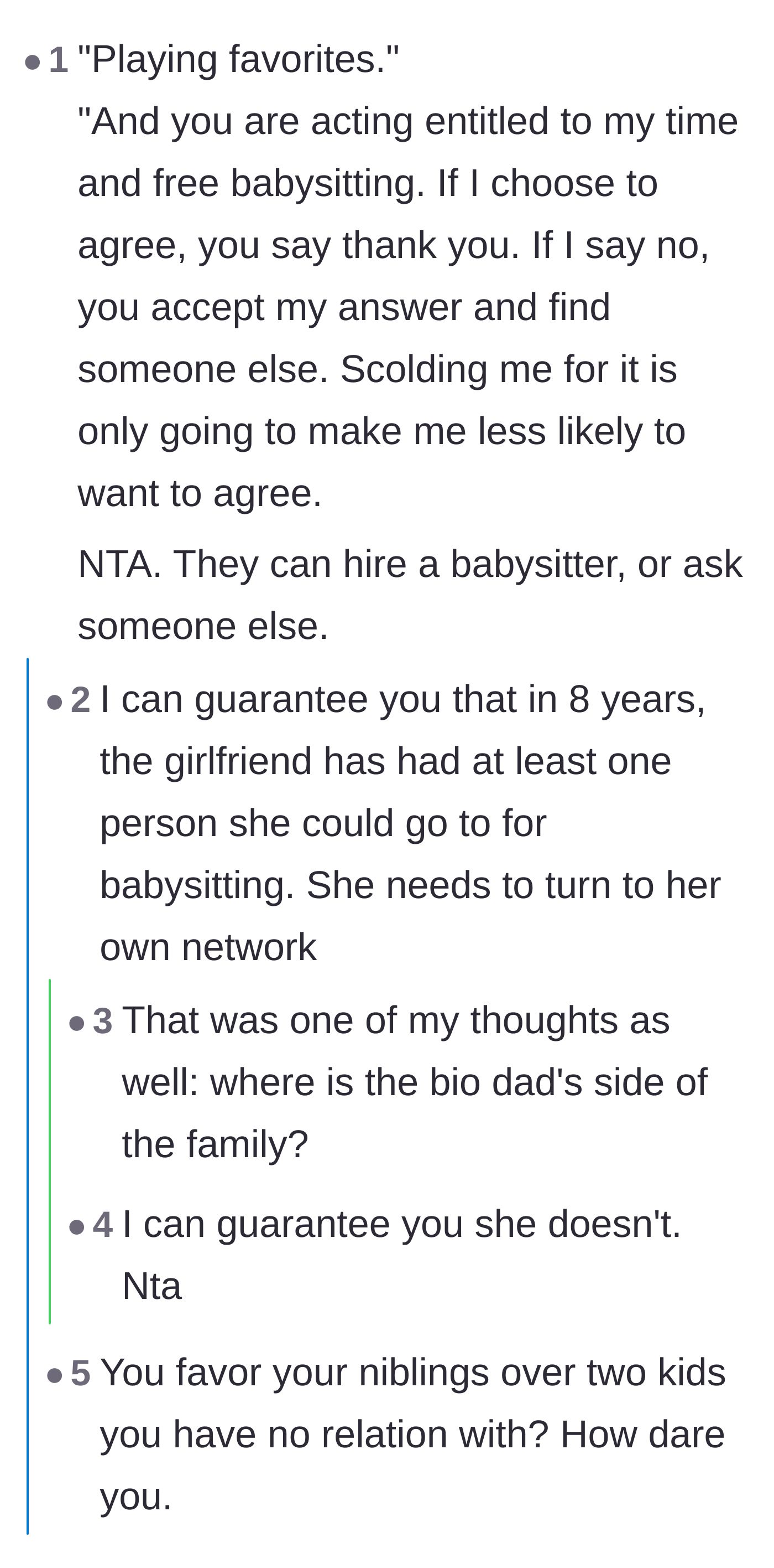 Comment thread 4 - Advice on how to firmly shut down the guilt trip about playing favorites between blood relatives and a partner's kids.