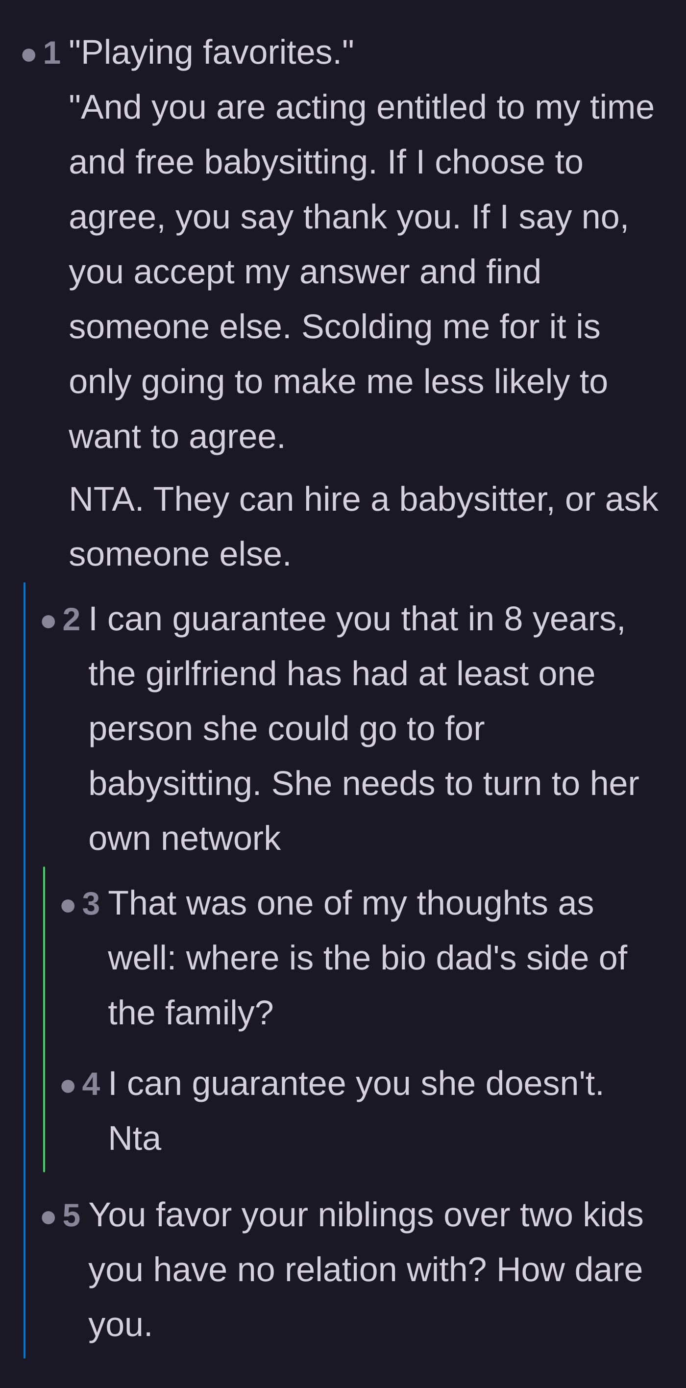 Comment thread 4 - Advice on how to firmly shut down the guilt trip about playing favorites between blood relatives and a partner's kids.