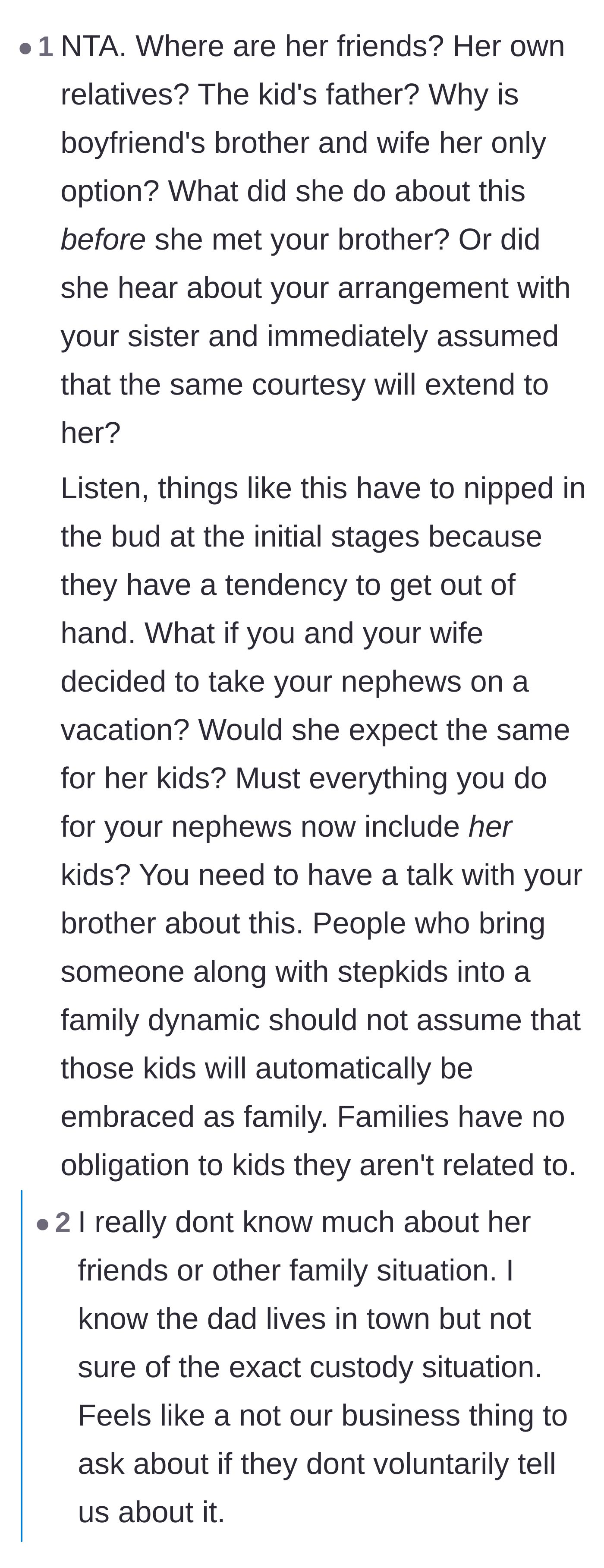 Comment thread 5 - A debate over whether the author needs to stop people-pleasing and start confronting the girlfriend about her lack of alternative childcare.