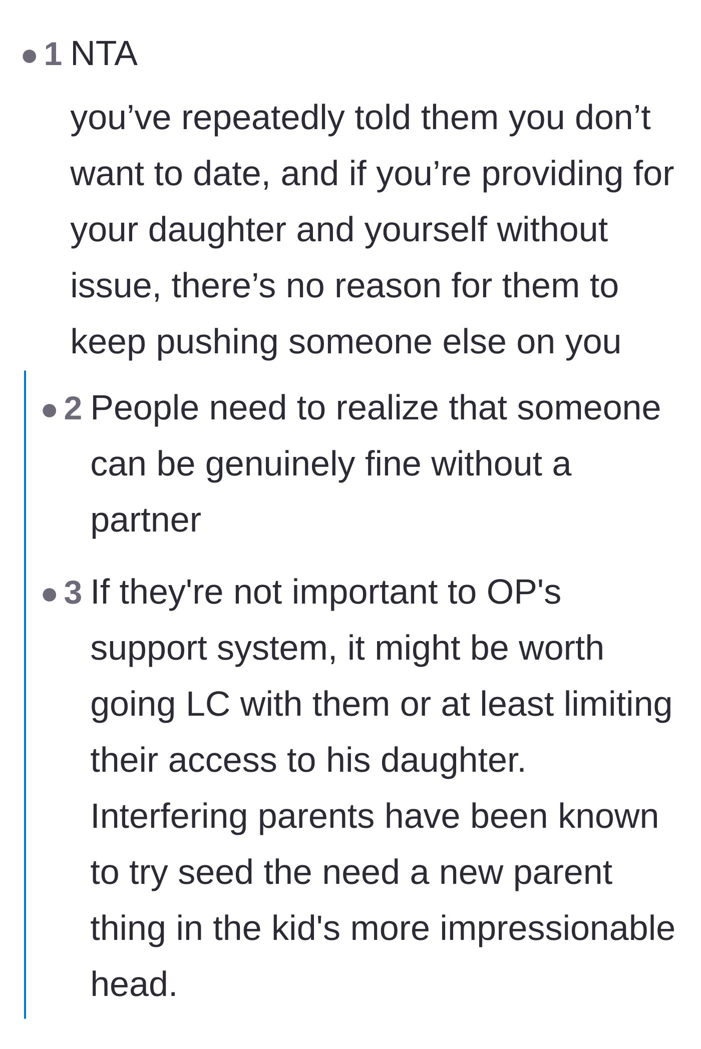 Comment thread 1 - Readers discuss how single fathers are fully capable of raising daughters without needing a romantic partner.