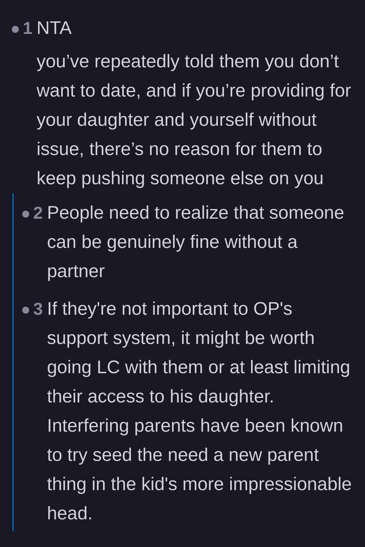 Comment thread 1 - Readers discuss how single fathers are fully capable of raising daughters without needing a romantic partner.