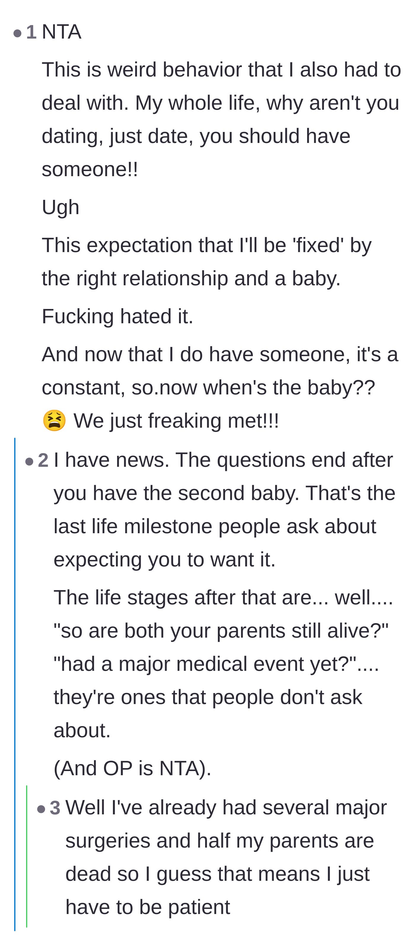 Comment thread 5 - Commenters commiserate over the exhausting family pressure to hit traditional relationship milestones.