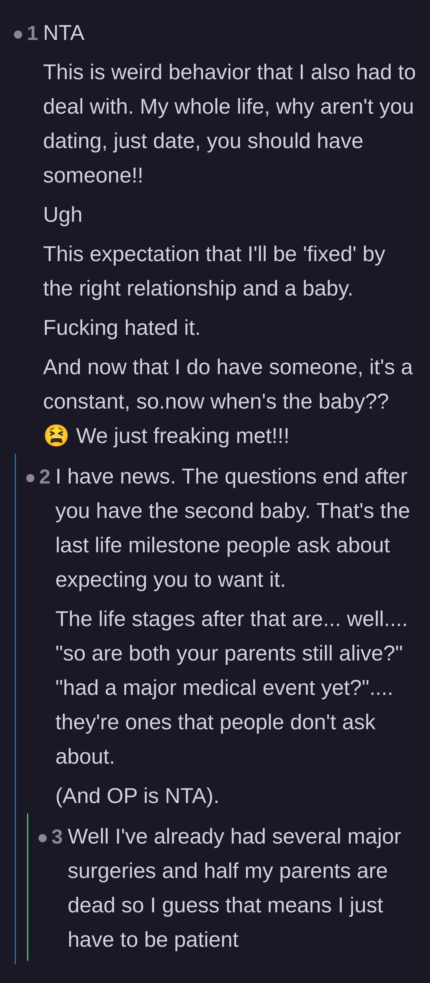 Comment thread 5 - Commenters commiserate over the exhausting family pressure to hit traditional relationship milestones.