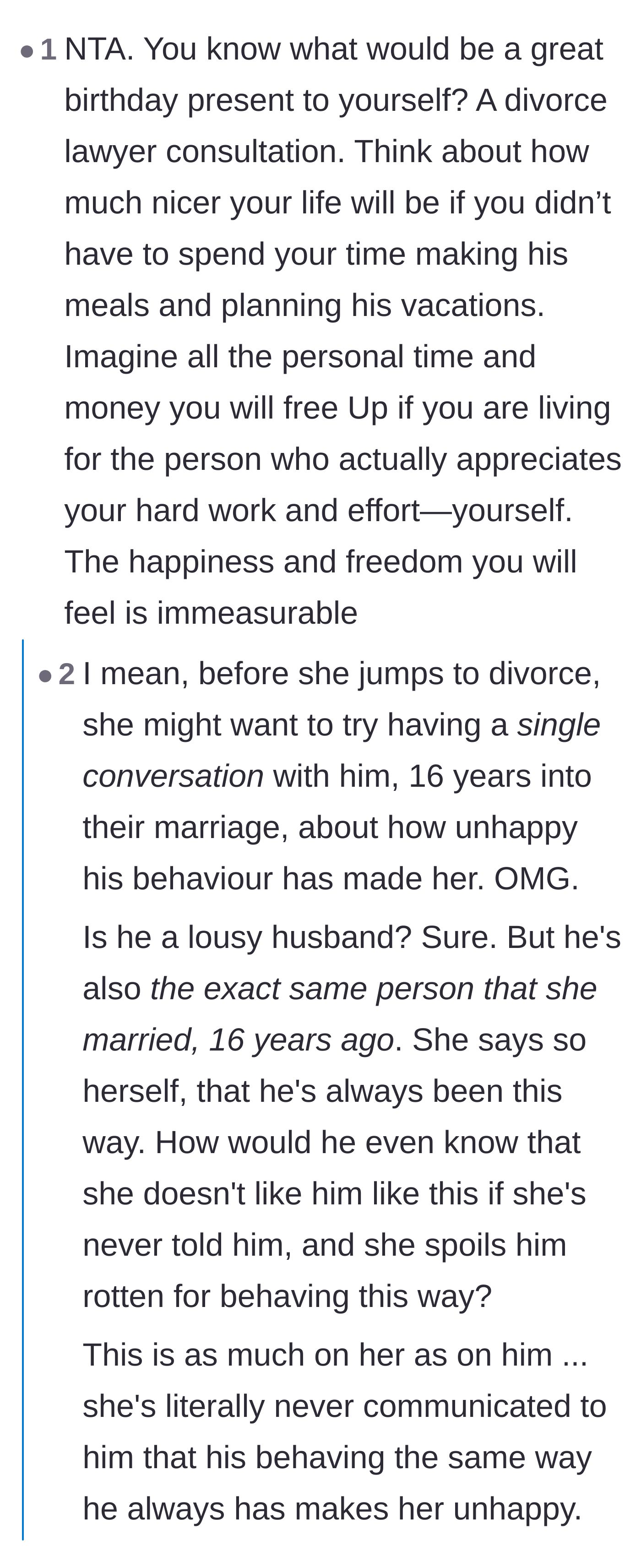 Comment thread 4 - A debate over whether the husband's weaponized incompetence is intentional or if the wife failed to communicate her needs over the years.