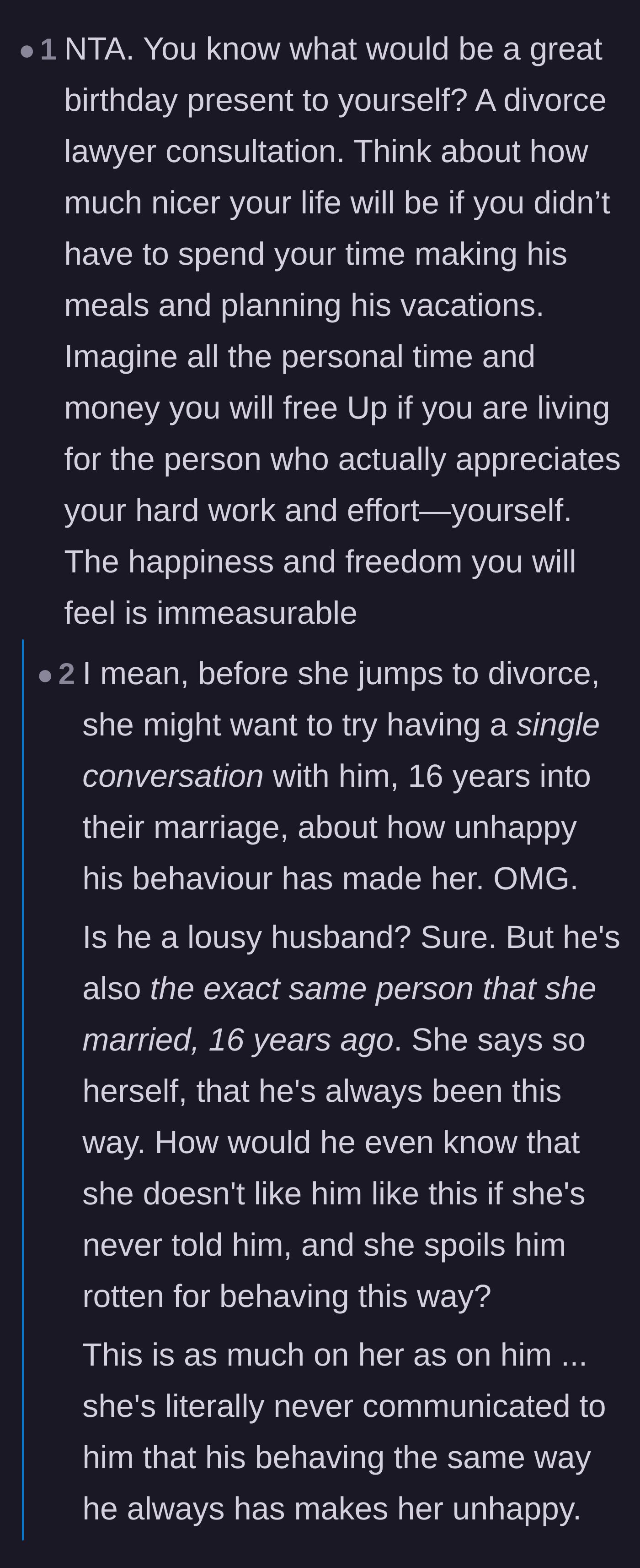 Comment thread 4 - A debate over whether the husband's weaponized incompetence is intentional or if the wife failed to communicate her needs over the years.