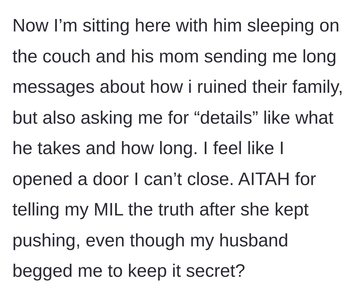 Story part 7 - The haunting present reality: the husband sleeping on the couch while the mother-in-law sends relentless, demanding text messages to the isolated wife.