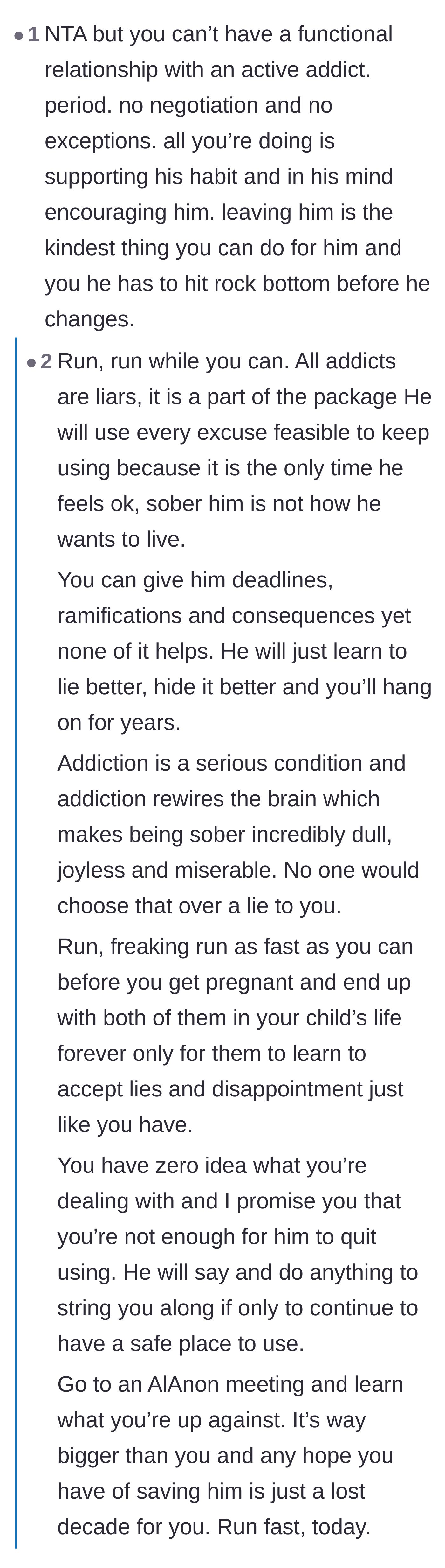 Comment thread 1 - Readers sharing the painful truth that you cannot maintain a healthy relationship with an active addict who weaponizes lies.