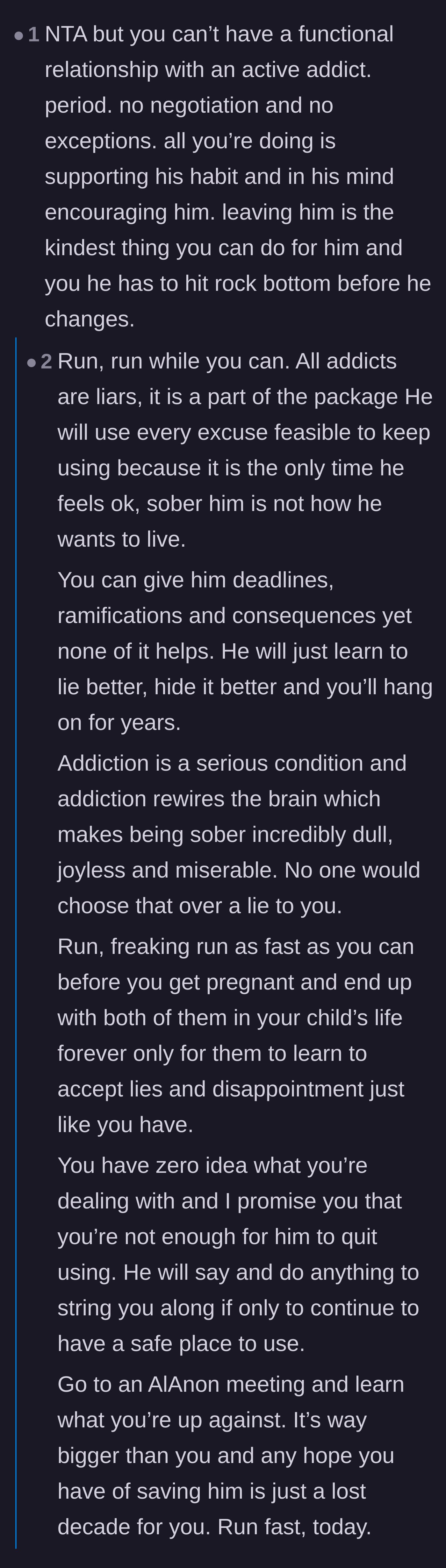 Comment thread 1 - Readers sharing the painful truth that you cannot maintain a healthy relationship with an active addict who weaponizes lies.