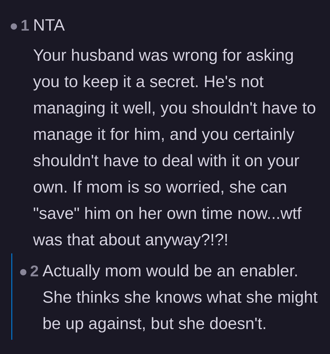 Comment thread 4 - Readers pointing out the profound unfairness of the husband hiding behind his wife and the mother-in-law's sudden savior complex.