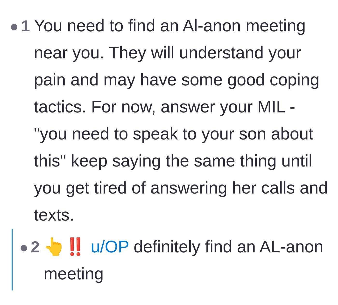 Comment thread 6 - Recommendations for the wife to attend Al-Anon meetings to heal, along with a script for shutting down the mother-in-law's relentless texts.