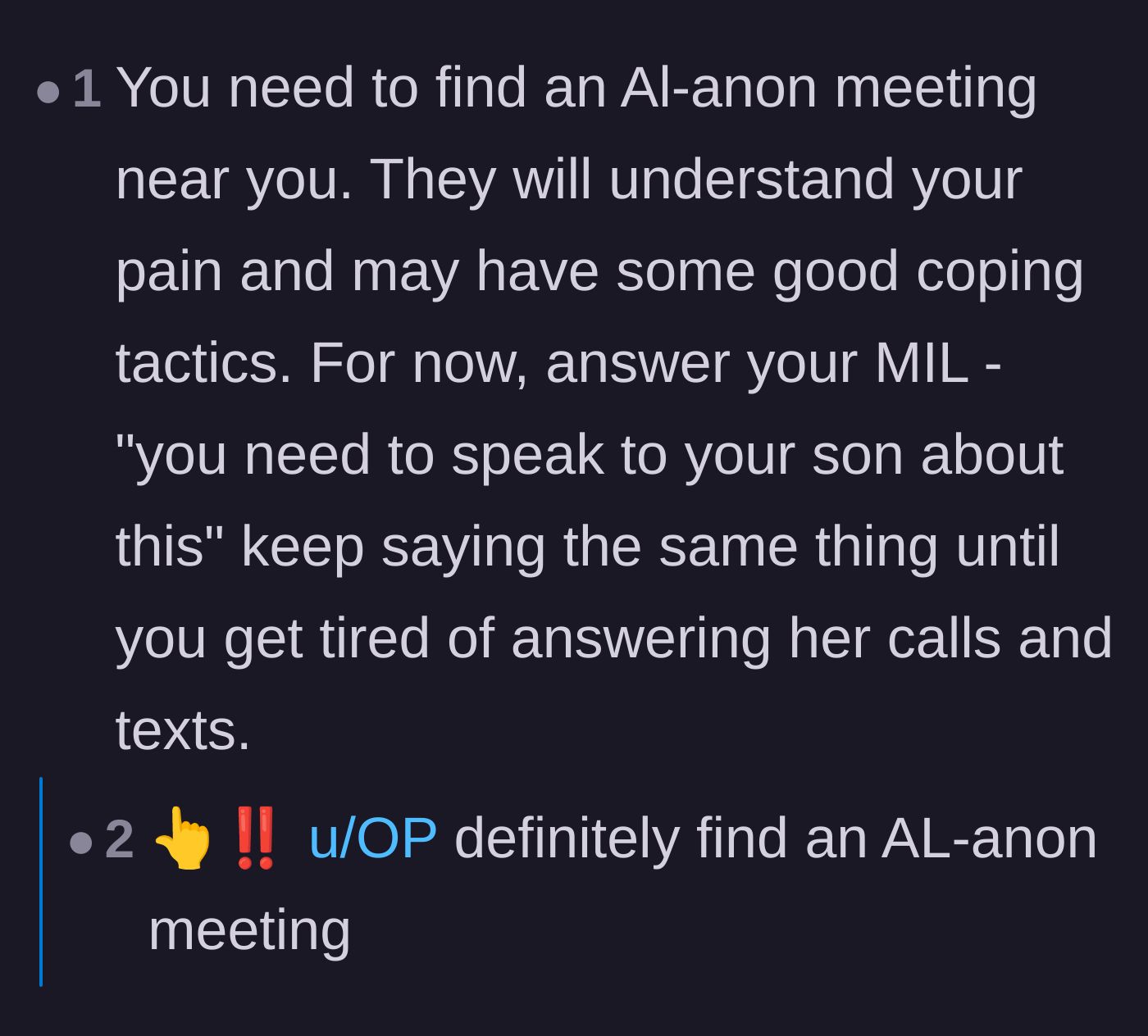 Comment thread 6 - Recommendations for the wife to attend Al-Anon meetings to heal, along with a script for shutting down the mother-in-law's relentless texts.