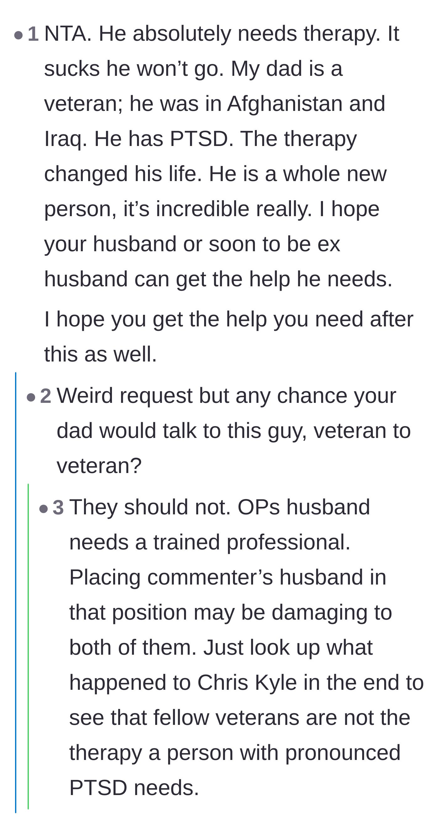 Comment thread 1 - Readers and veterans debate the risks of peer intervention versus professional therapy for severe combat PTSD