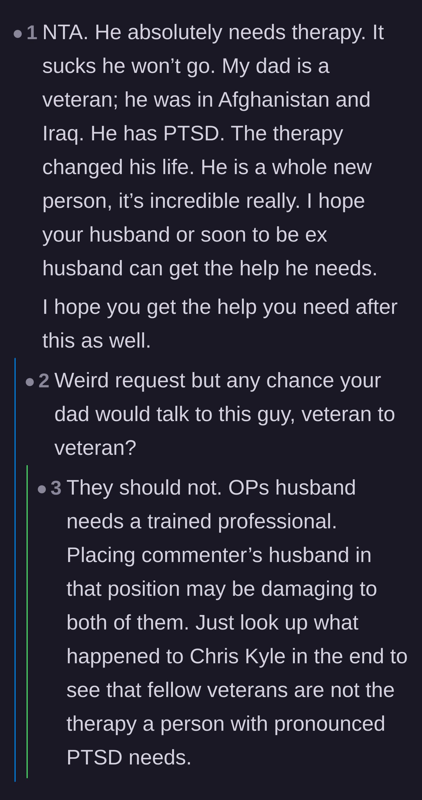 Comment thread 1 - Readers and veterans debate the risks of peer intervention versus professional therapy for severe combat PTSD