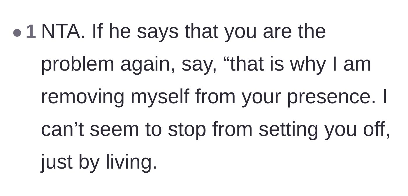 Comment thread 6 - A suggested response turning the husband's unfair blame into a reason to separate