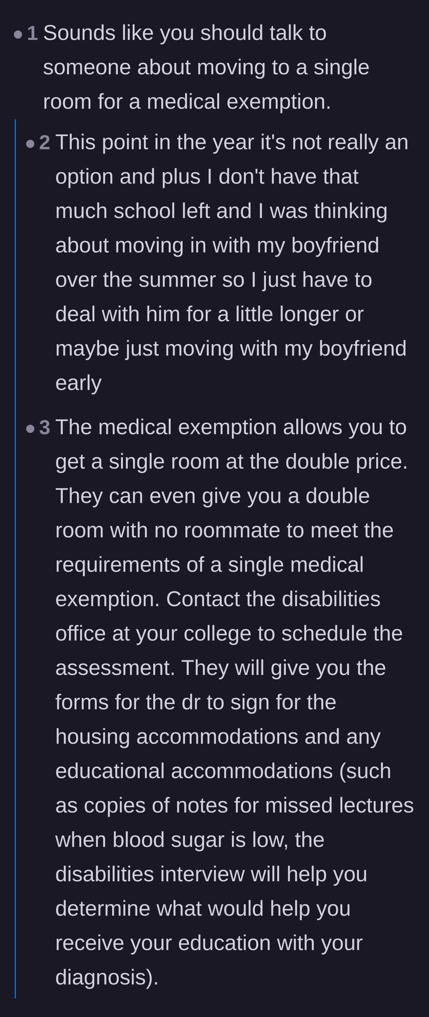Comment thread 1 - Readers urge the student to seek a medical exemption for a single room and call out the roommate's alarming behavior.