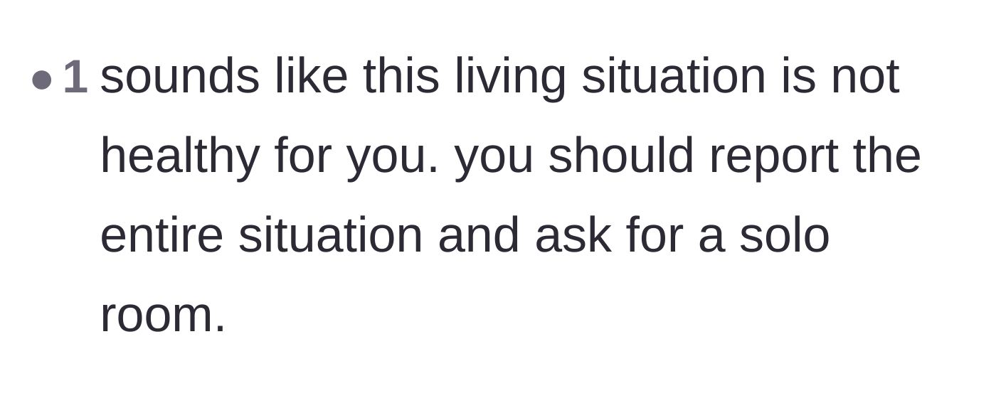 Comment thread 3 - A straightforward recommendation to report the toxic environment and request a solo dorm.