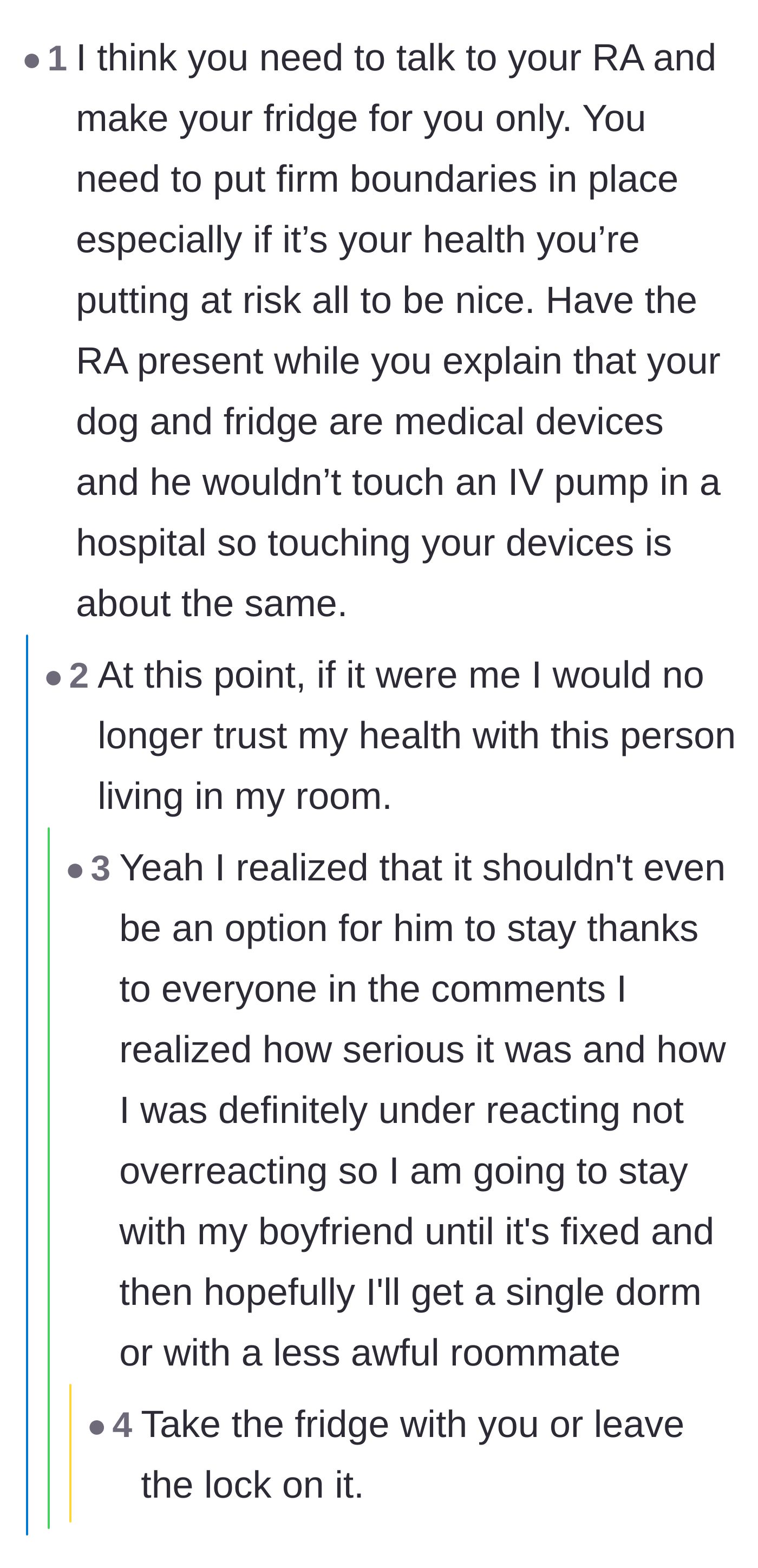 Comment thread 4 - Advice on setting firm boundaries by comparing the fridge and dog to medical devices like an IV pump.