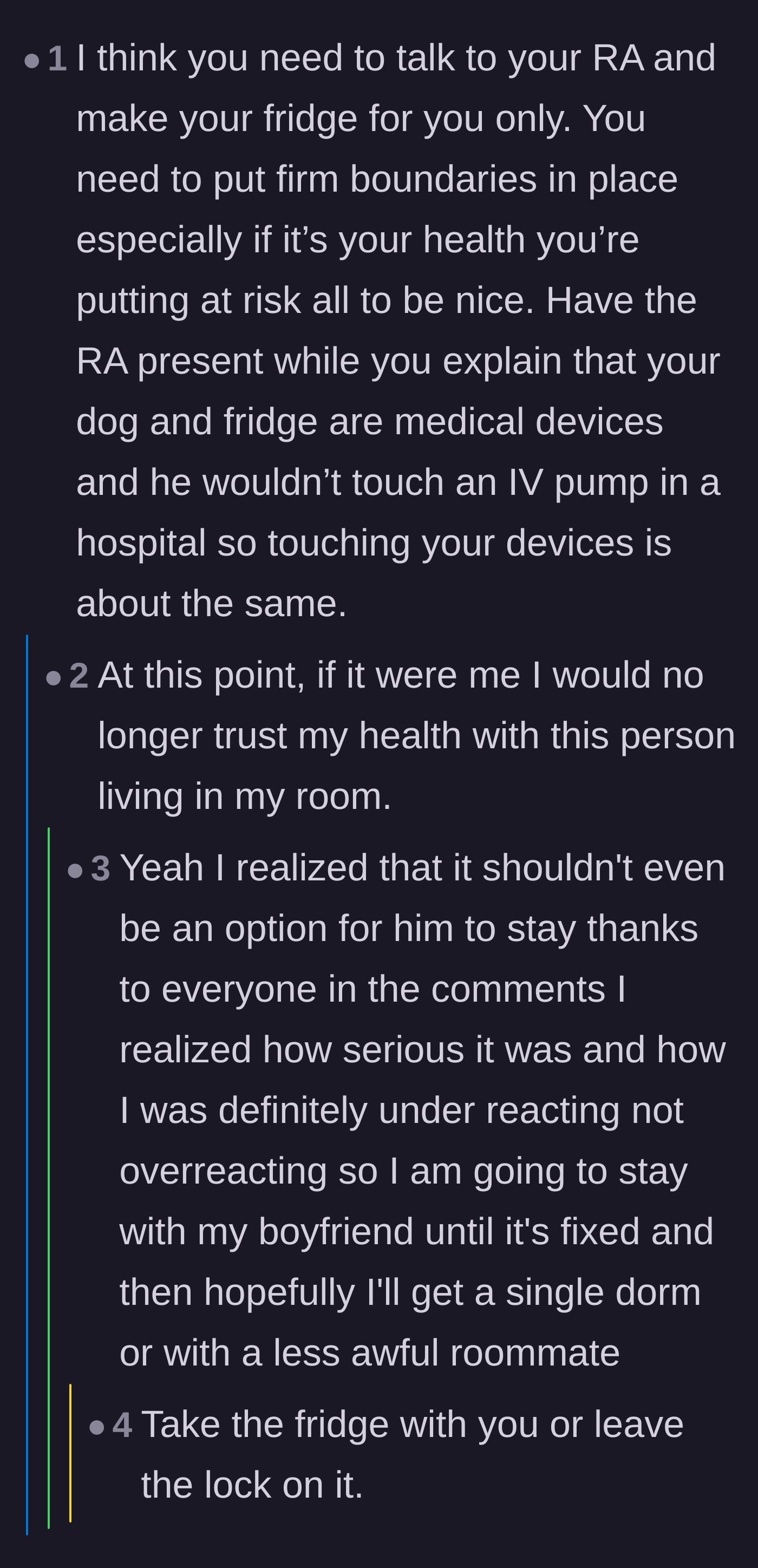 Comment thread 4 - Advice on setting firm boundaries by comparing the fridge and dog to medical devices like an IV pump.