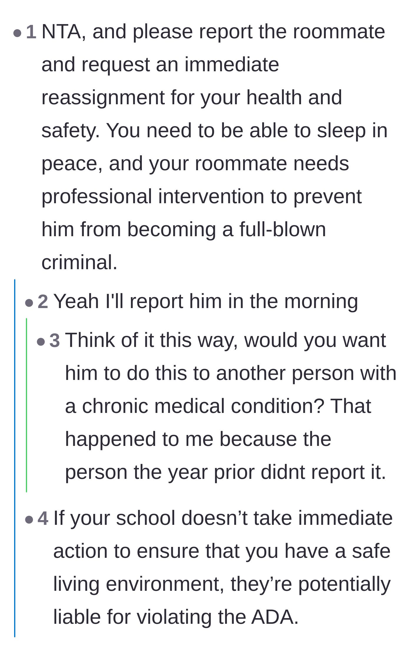 Comment thread 6 - Warnings that failing to report the roommate puts future students with disabilities at risk.