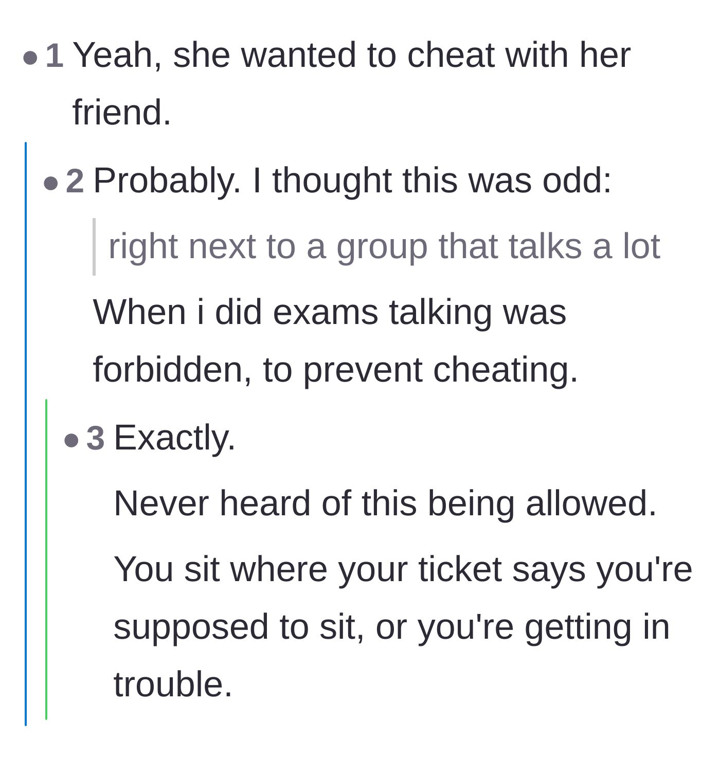 Comment thread 1 - Readers speculate that the girl actually wanted to cheat, pointing out that talking during exams is usually forbidden.