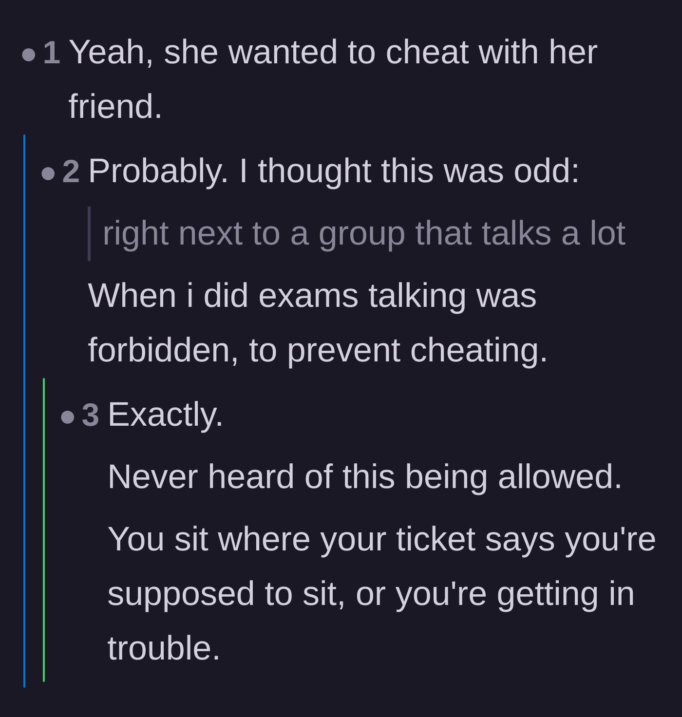 Comment thread 1 - Readers speculate that the girl actually wanted to cheat, pointing out that talking during exams is usually forbidden.