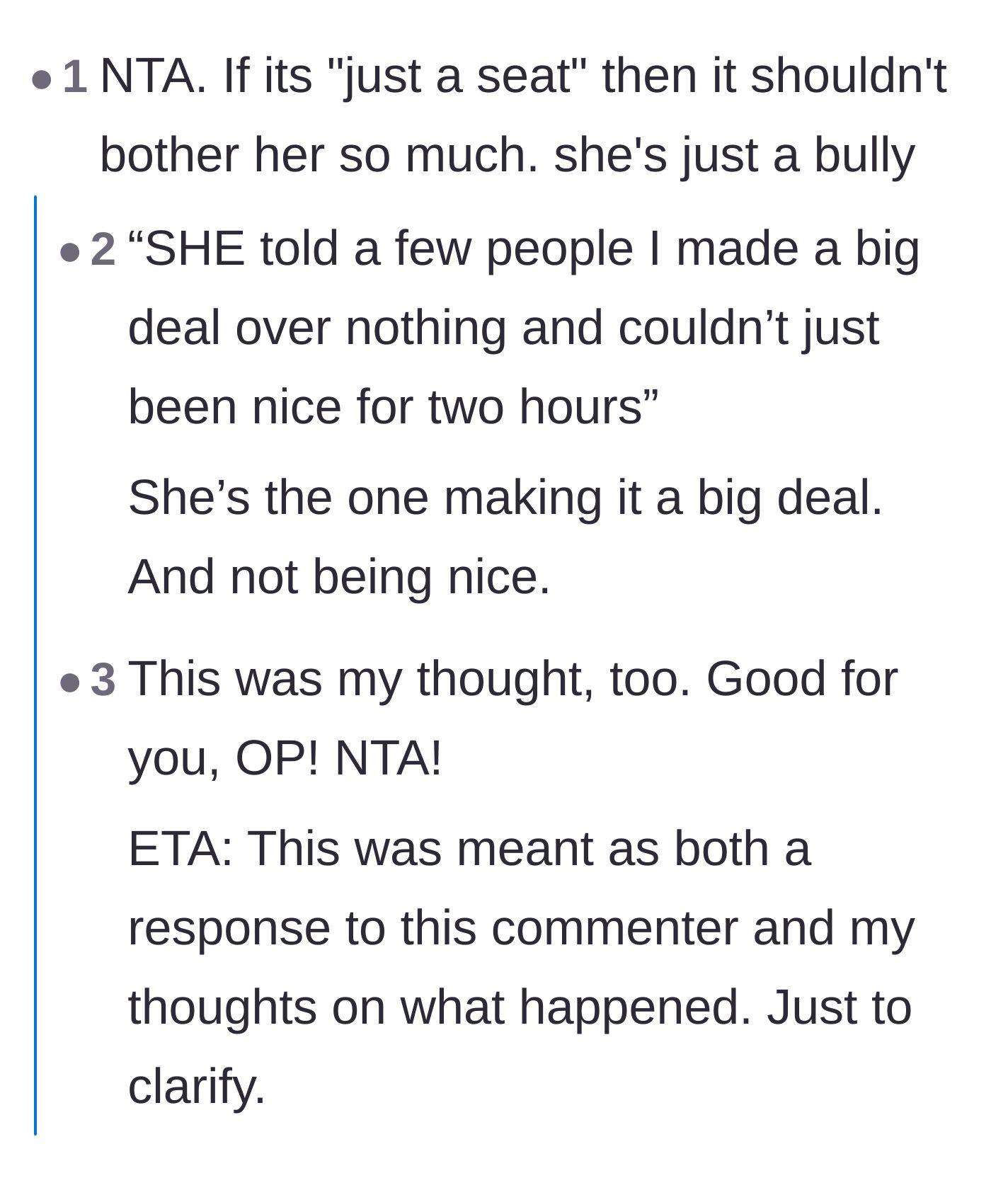 Comment thread 3 - Commenters point out the girl's hypocrisy in calling it 'just a seat' while throwing a tantrum over it.