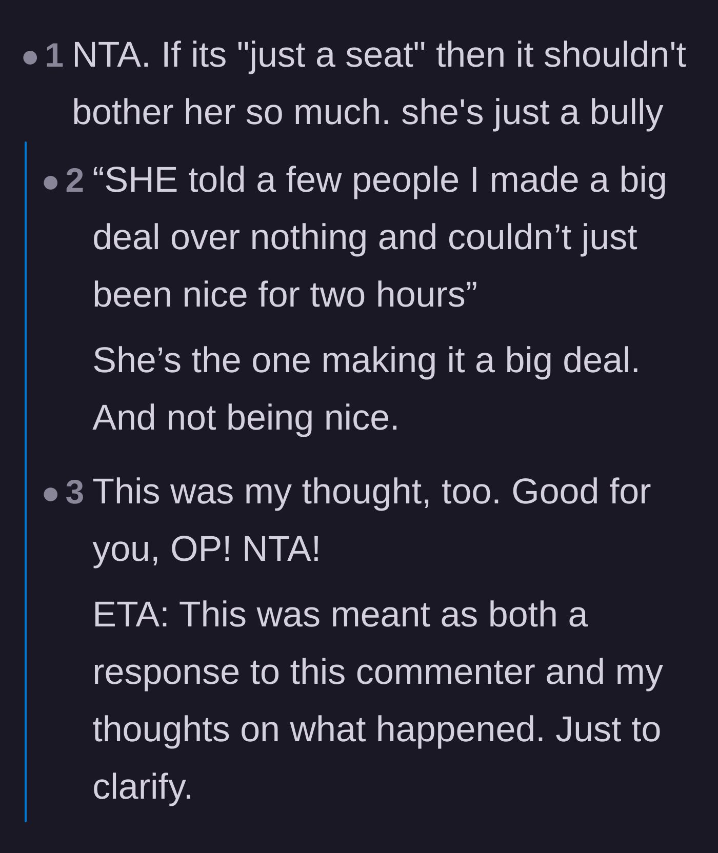 Comment thread 3 - Commenters point out the girl's hypocrisy in calling it 'just a seat' while throwing a tantrum over it.