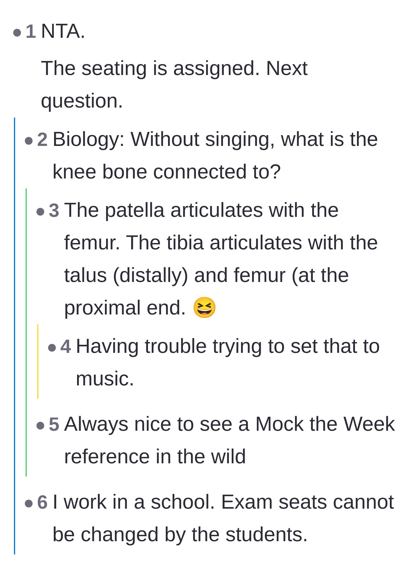 Comment thread 4 - A straightforward reminder that seats were assigned, which hilariously derails into an anatomy joke.