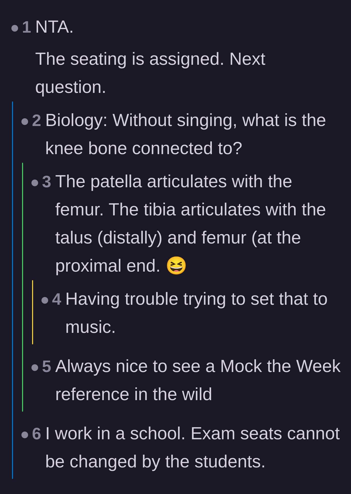Comment thread 4 - A straightforward reminder that seats were assigned, which hilariously derails into an anatomy joke.