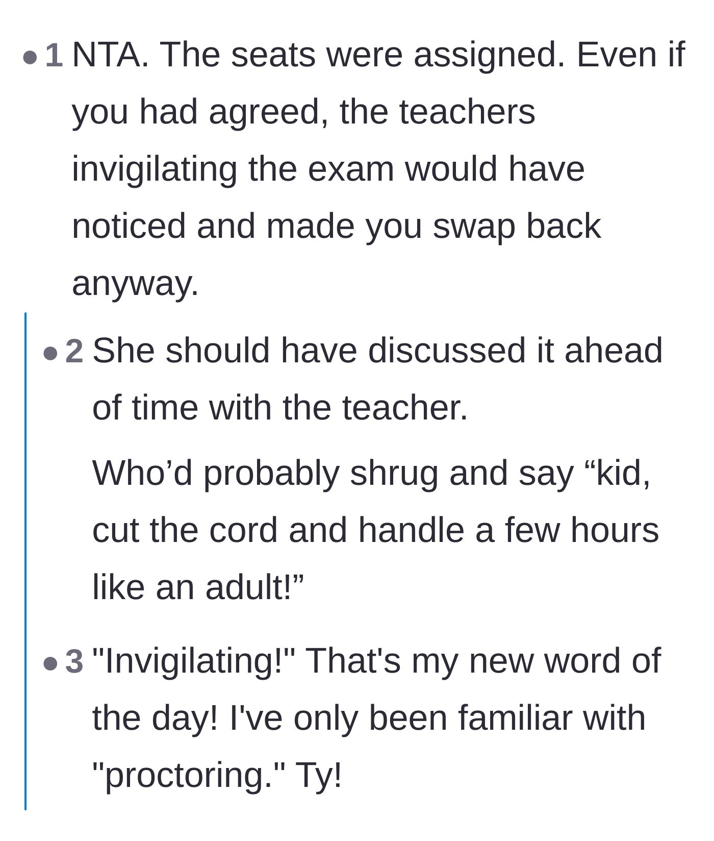 Comment thread 6 - Pointing out that exam proctors would have caught the unauthorized seat swap anyway.