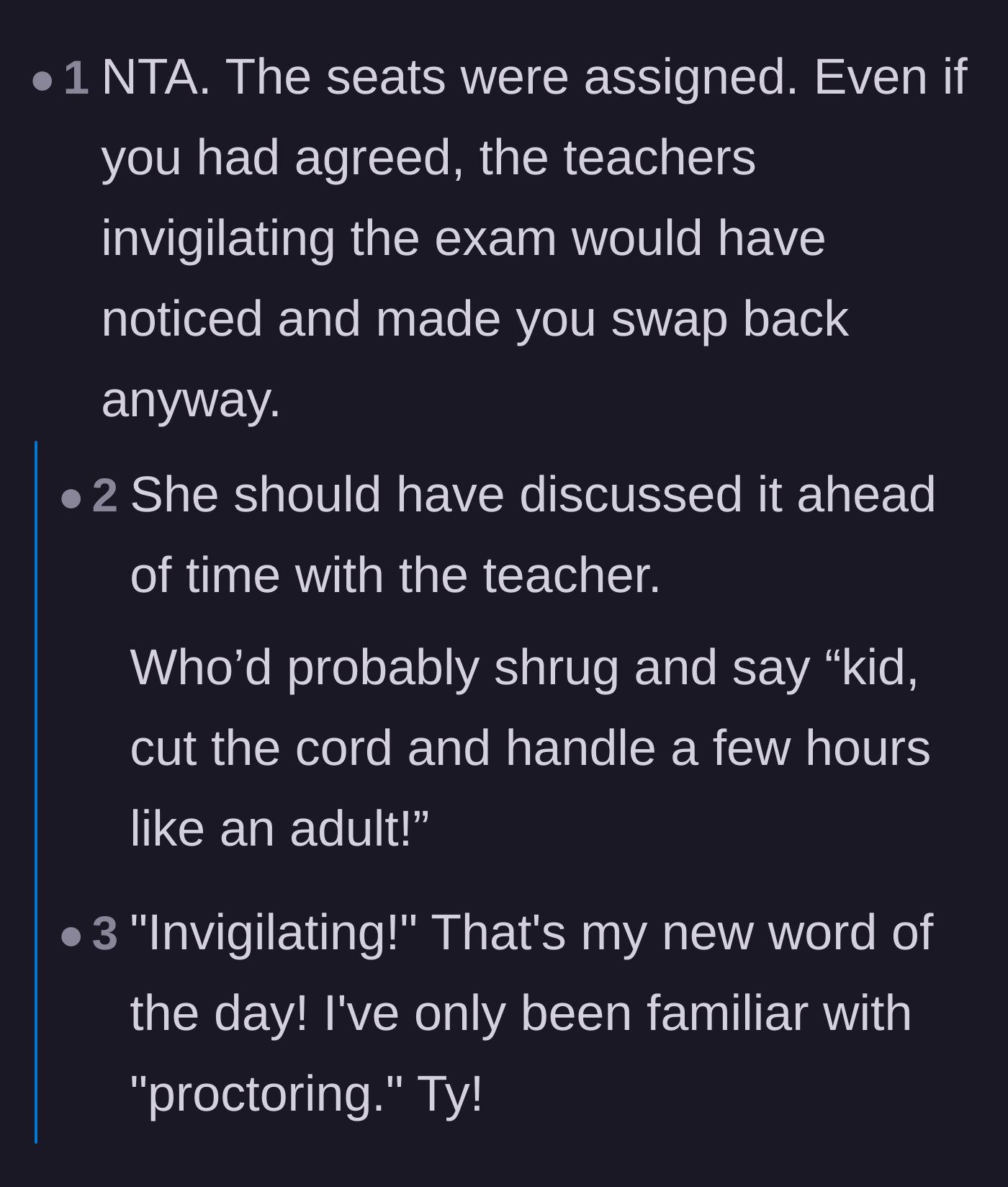 Comment thread 6 - Pointing out that exam proctors would have caught the unauthorized seat swap anyway.