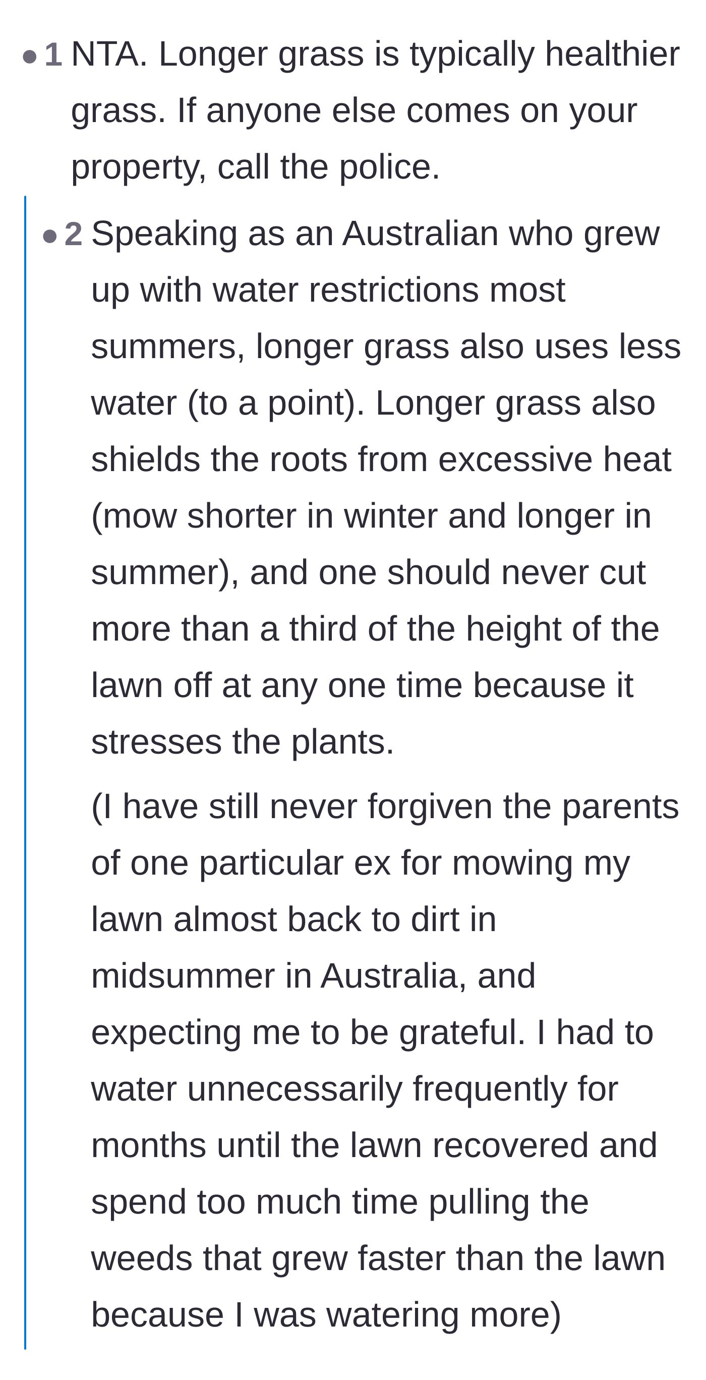 Comment thread 6 - Commiseration from an Australian commenter about the ecological damage of mowing grass too short in the heat.